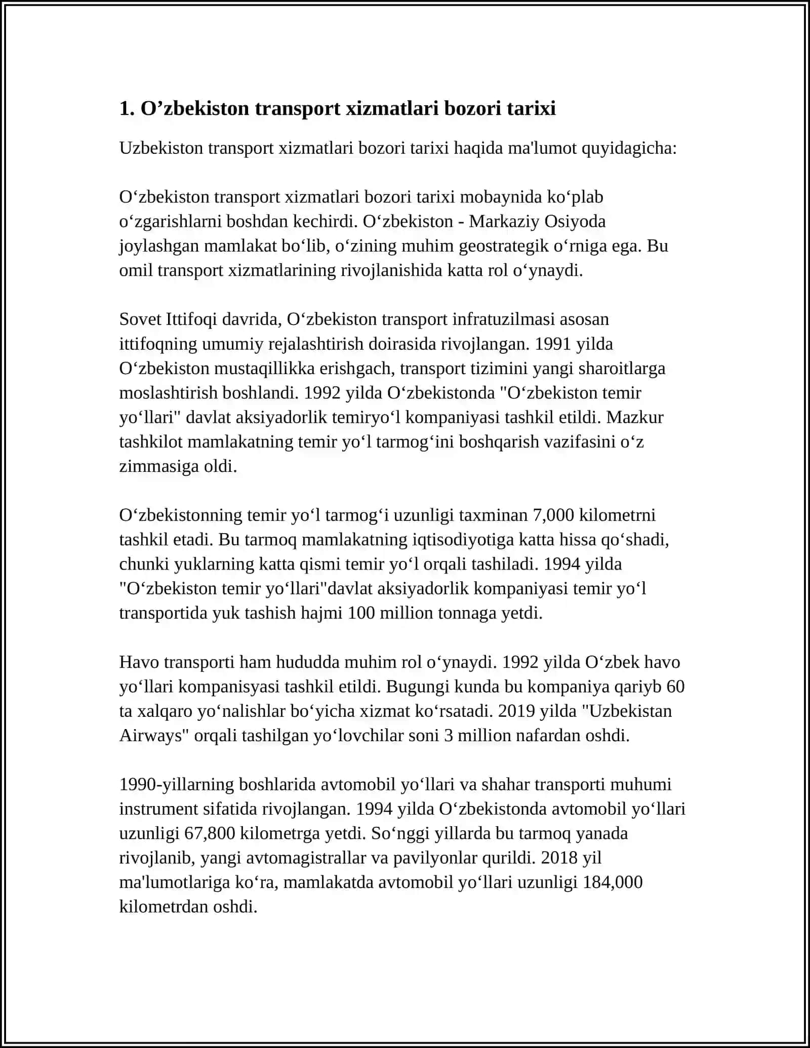 O’ZBЕKISTОN RЕSPUBLIKАSIDА TRАNSPОRT ХIZMАTLАRI BОZОRINING ХОZIRGI ХОLАTI VА UNING IQTISОDIY TАХLILI 4