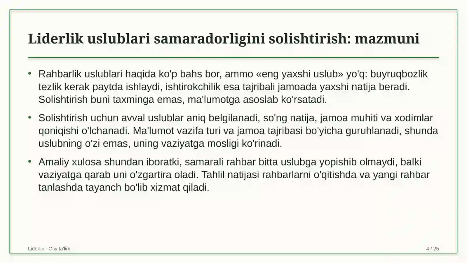 pul o'tkazmalari tizimlarida liderlik uslublarining samaradorligini solishtirish 6573 4