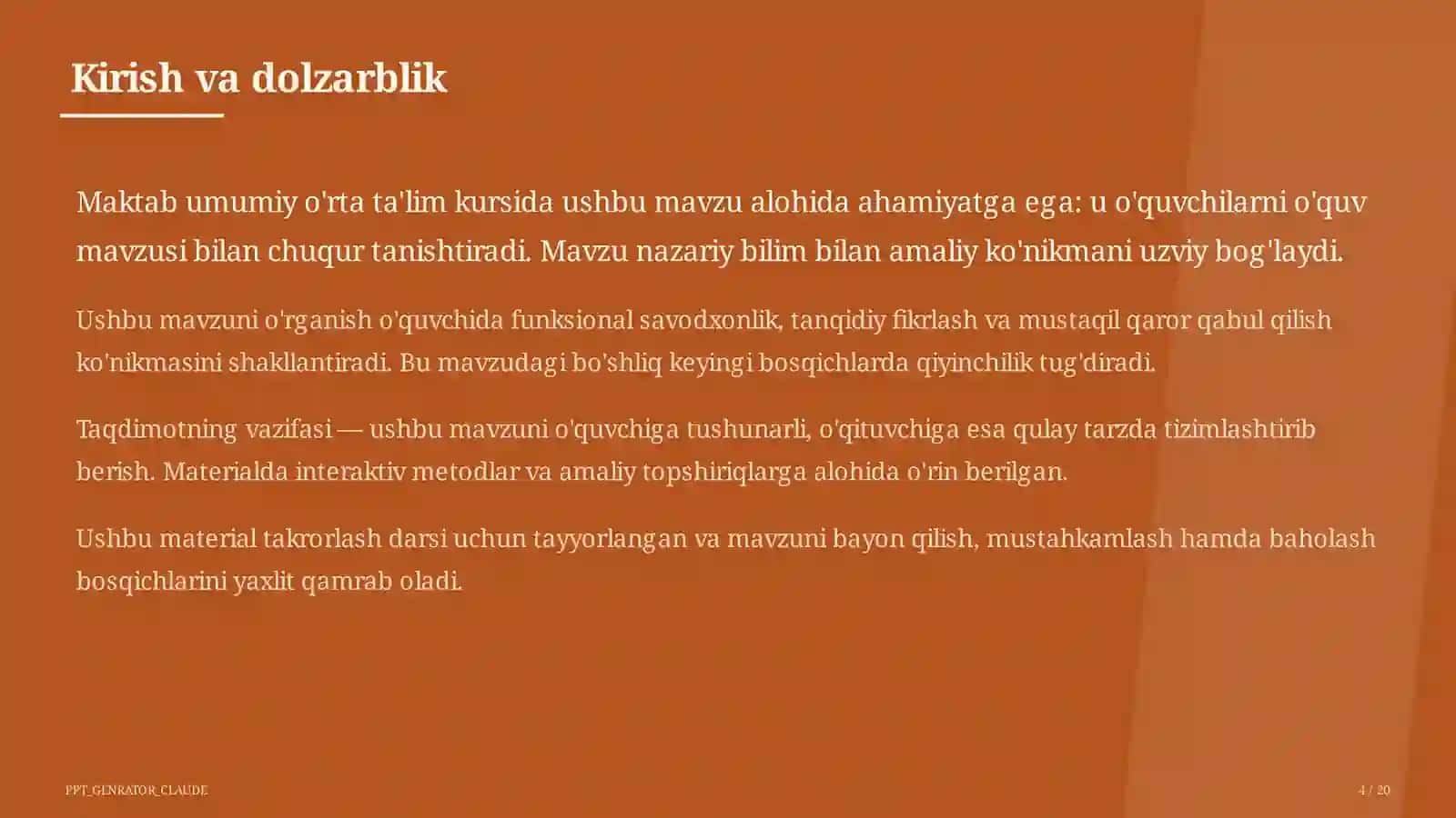Dolzarb mavzular — maktab va o'qituvchilar (2026) — takrorlash darsi uchun 4