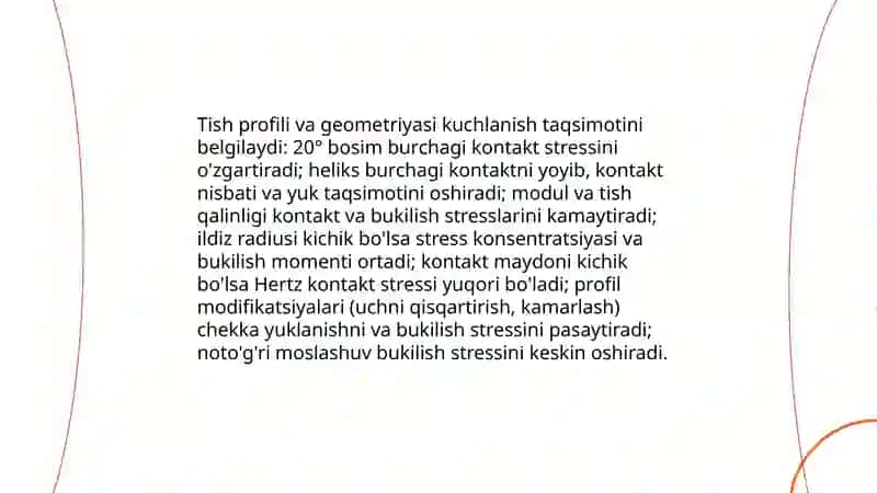 Tishli uzatmalarga ta’sir etuvchi kuchlar va ularda xosil bo’luvchi kuchlanishlar 4
