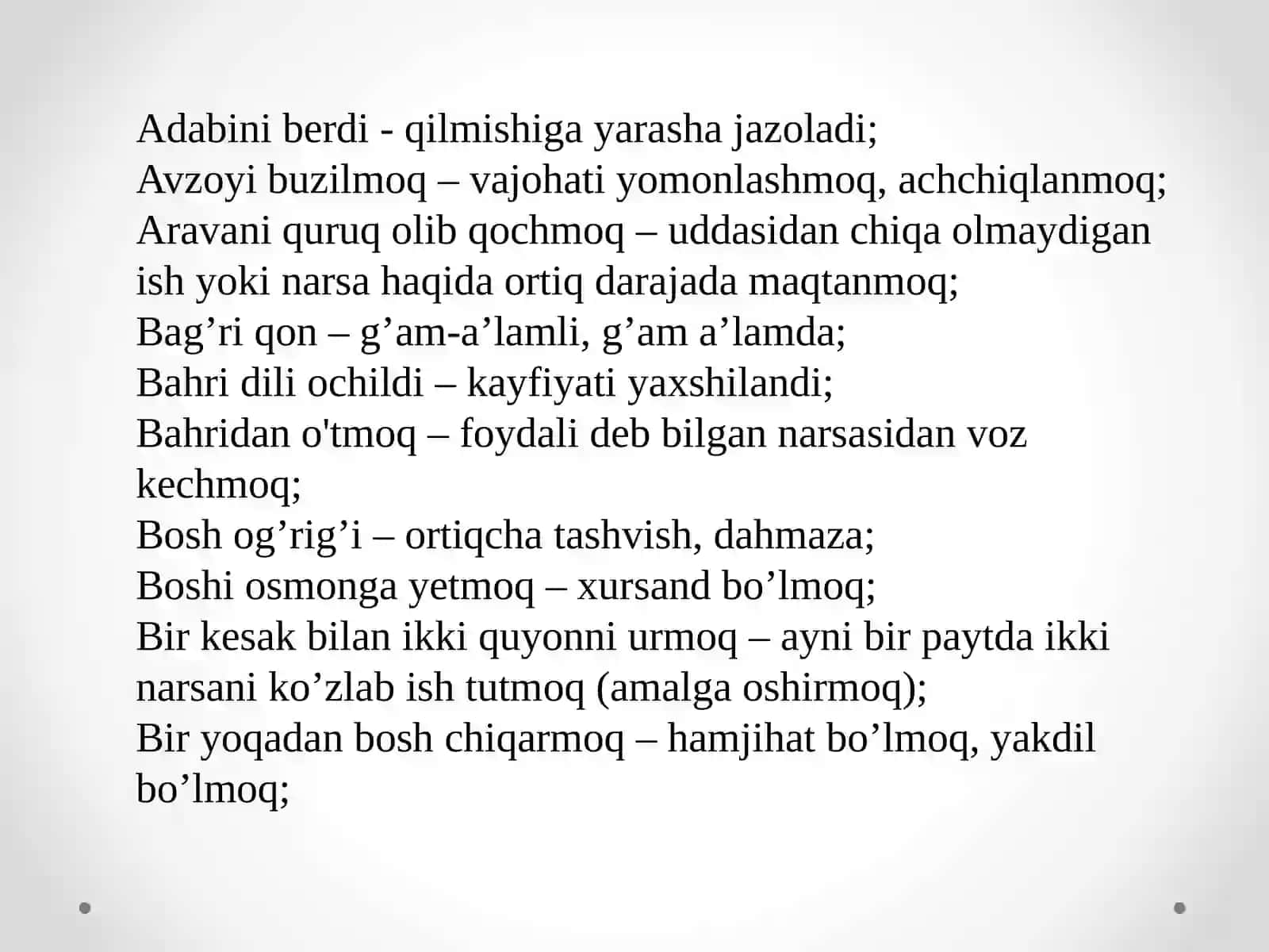 Frazeologiya. O‘zbek tili lug‘atining tarkibi. Hozirgi o‘zbek tilining lug‘at tarkibi. Leksikografiya 4