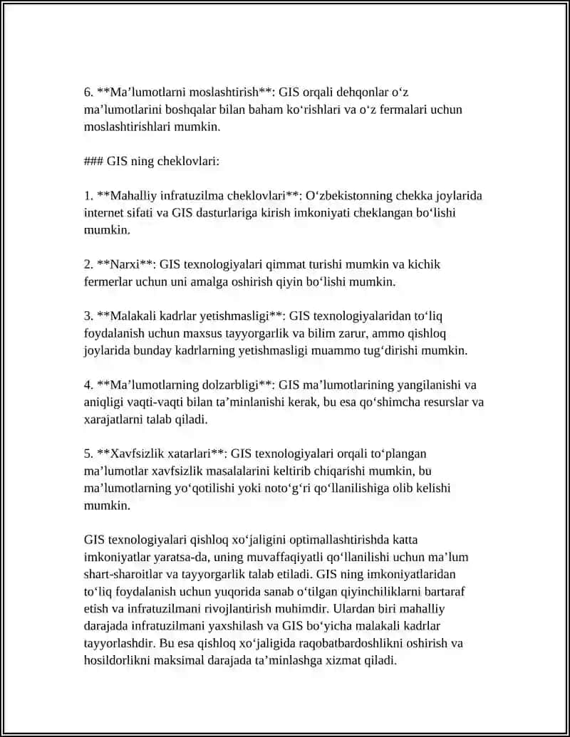 QISHLOQ XOʻJALIGIDA FOYDALANILAYOTGAN AXBORAT TIZIMLARI VA ULARNING IMKONIYATLARI KAMCHILIKLARI VA USTUNLIK TOMONLARGA SHARH BERISH 4