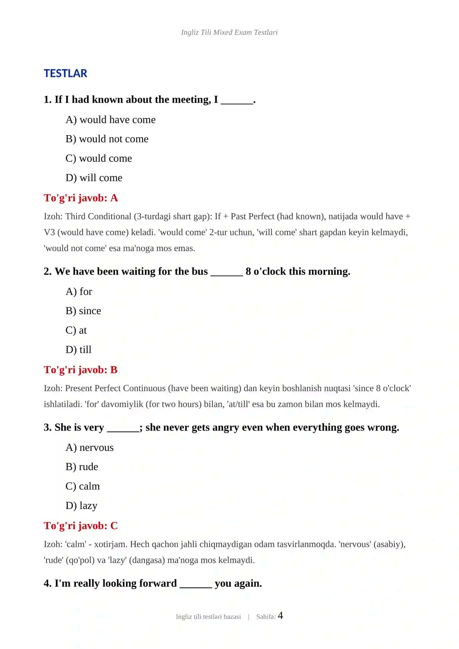 INGLIZ TILI MIXED EXAM TESTLARI 4
