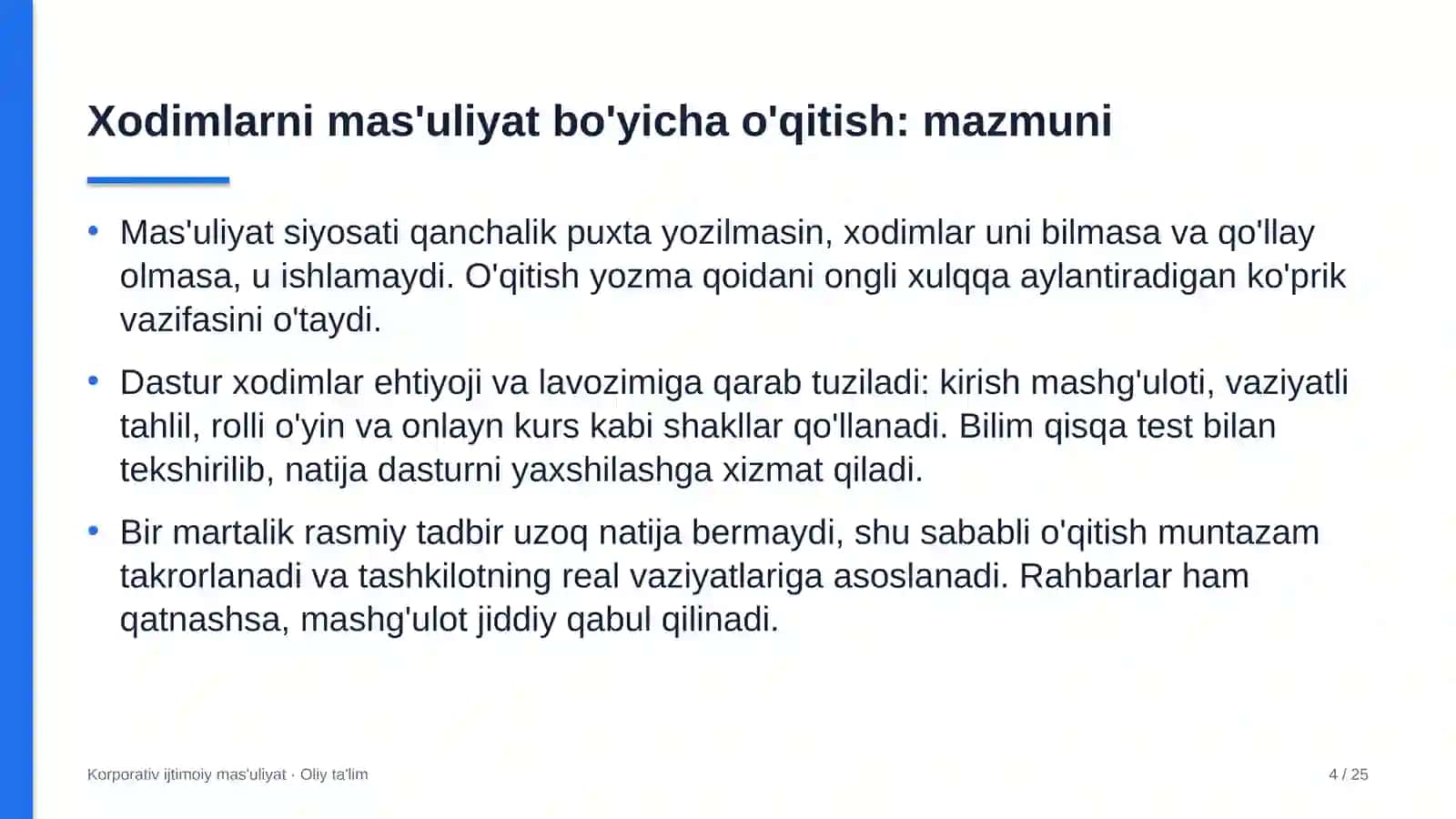sintetik yoqilg'i ishlab chiqarishda xodimlarni ijtimoiy mas'uliyat bo'yicha o'qitish 5028 4