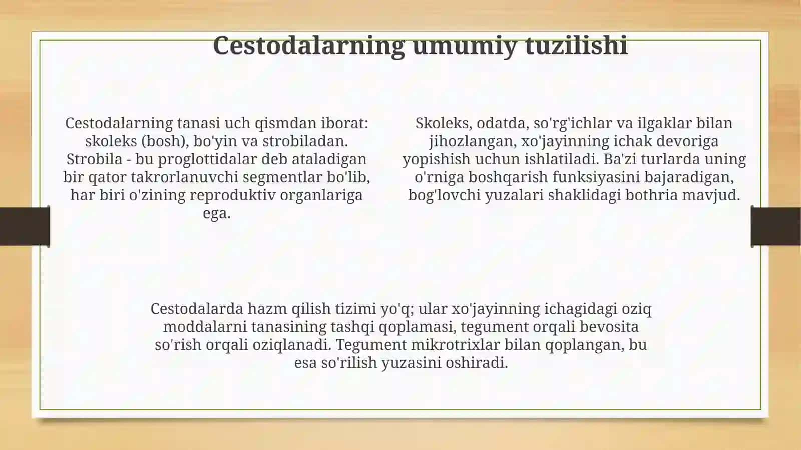 Cestodalarning tuzilishidagi ayrim belgilari,muhim vakillari,tuzilishi,rivojlanishi 4