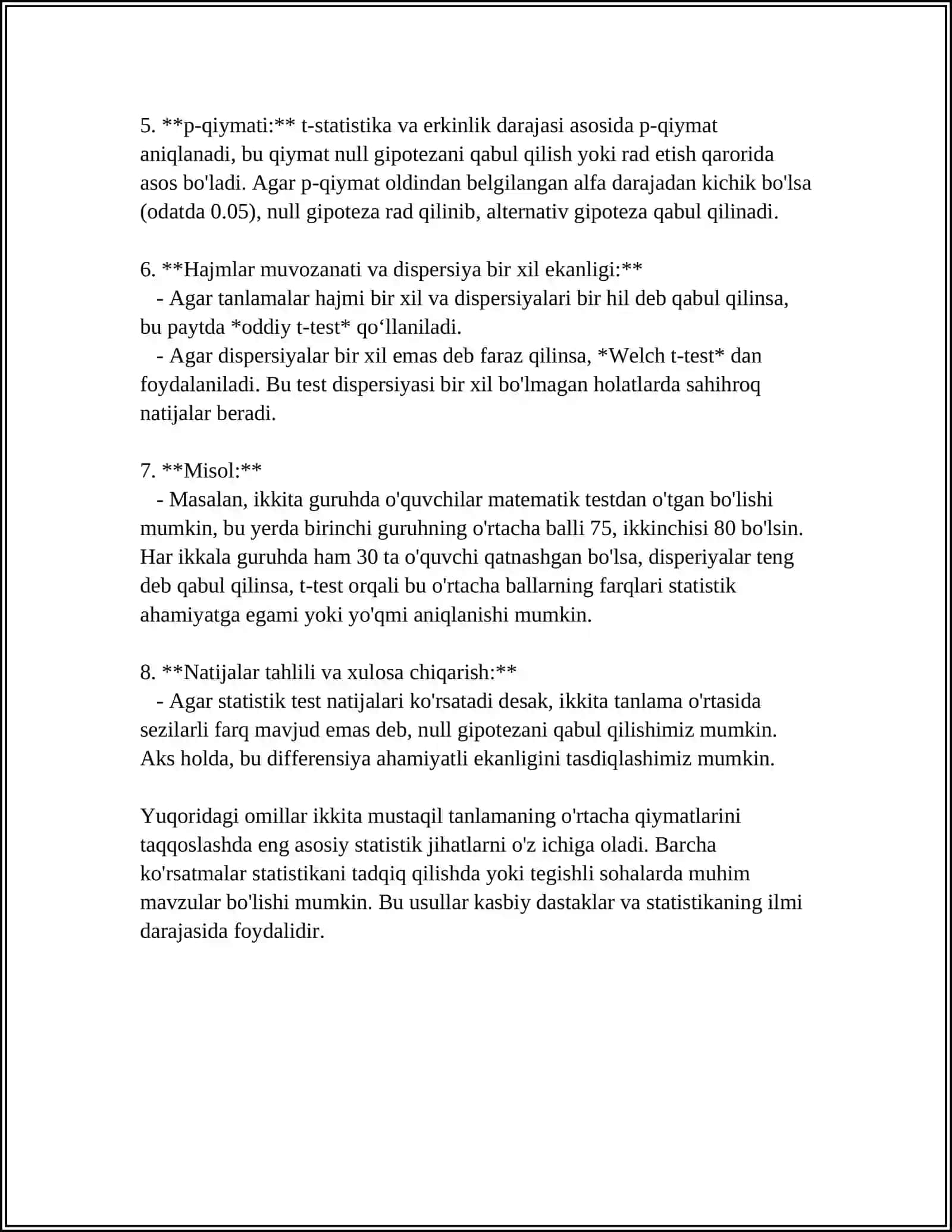 IKKI KO'PLIKNI TAQQOSLASH. STUDENT VA FISHER MEZONLARI. NOPARAMETRIK METODLAR 4