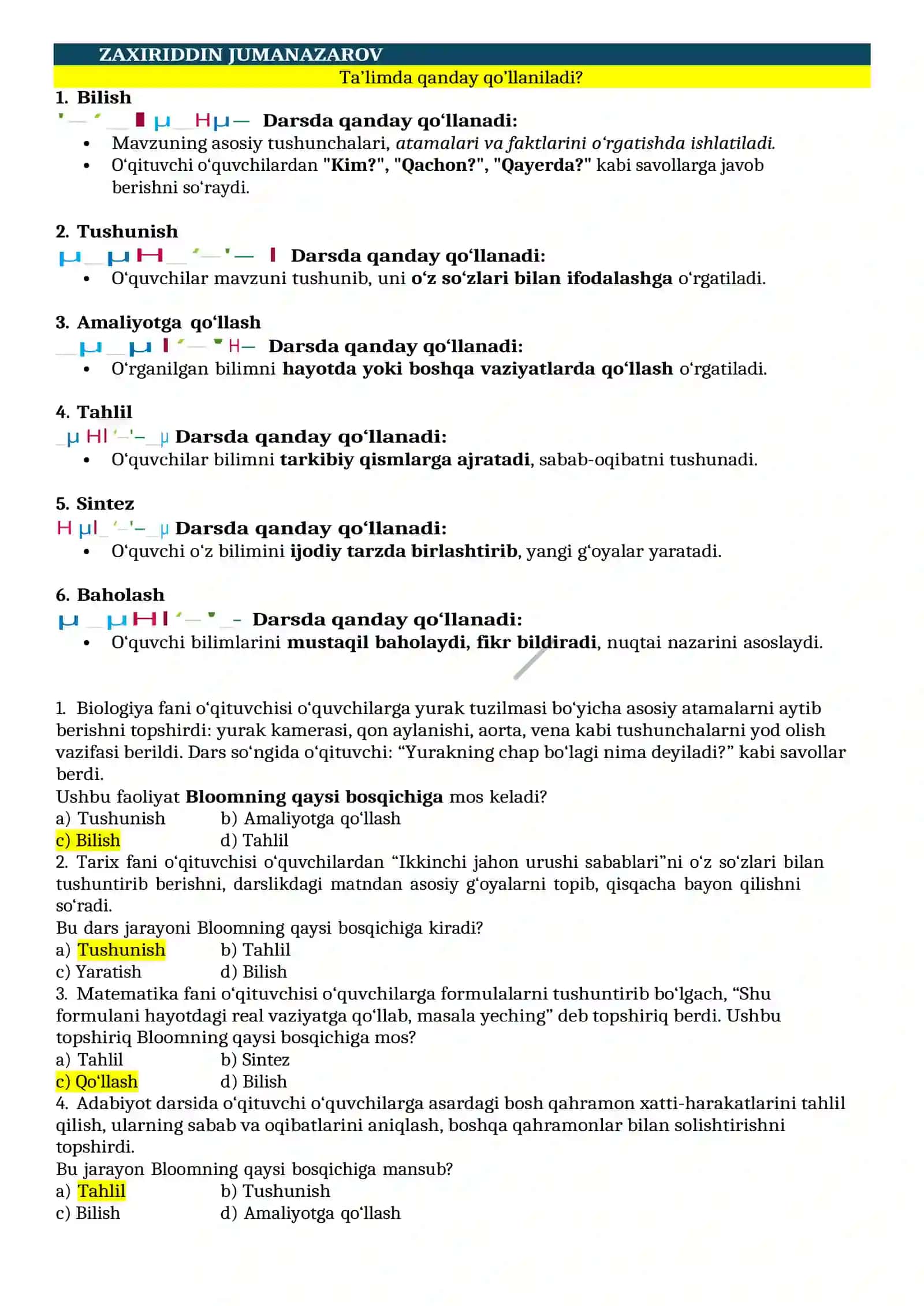PEDAGOGIK MAHORAT VA KASB STANDARTIDAN ATTESTATSIYA IMTIHONLARIDA TUSHGAN SAVOLLAR ASOSIDA MAXSUS TO‘PLAMI 4