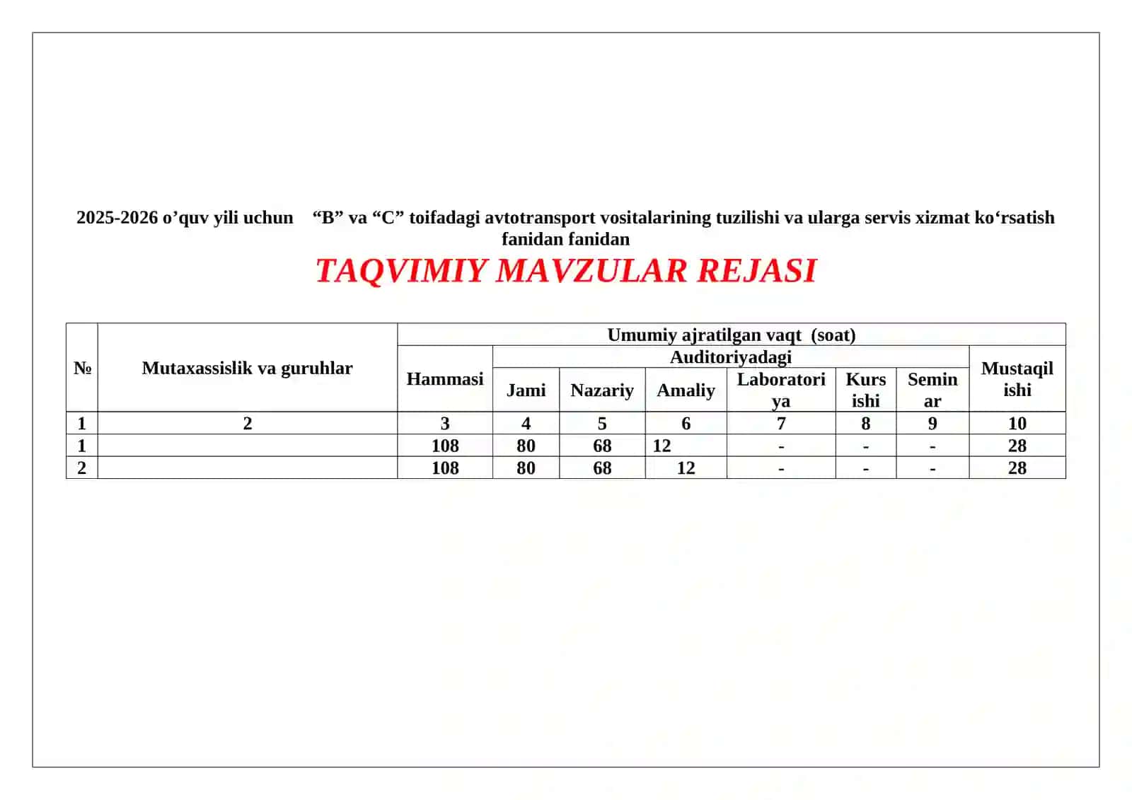 “B” va “C” toifadagi avtotransport vositalarining tuzilishi va ularga servis xizmat ko‘rsatish. 4