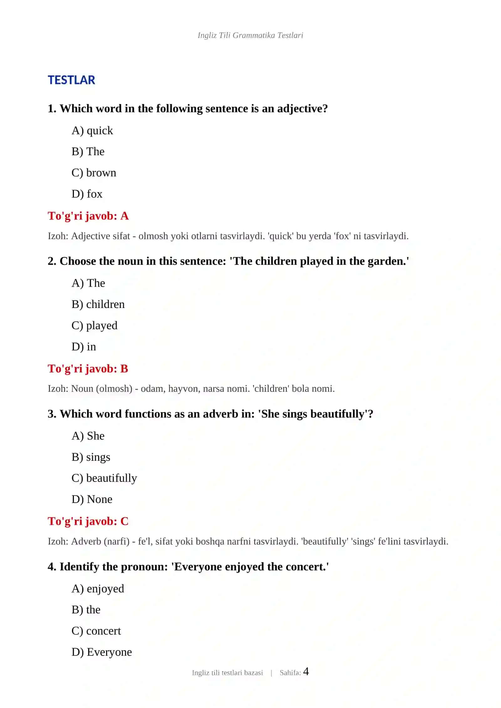 INGLIZ TILI GRAMMATIKA TESTLARI 4