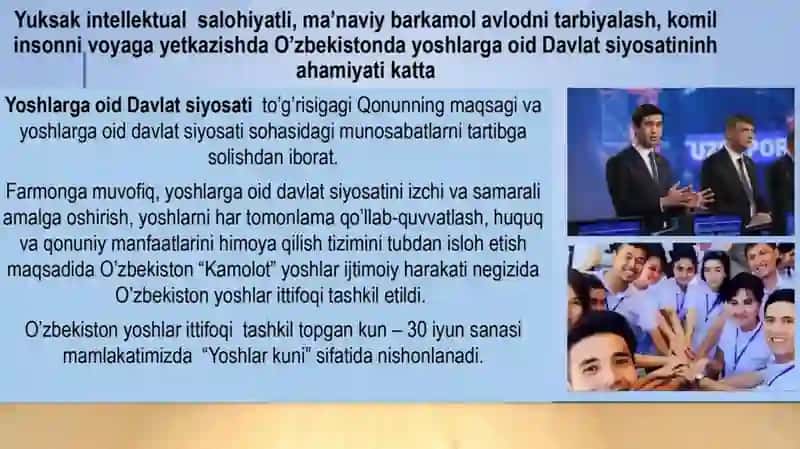 O’zbekistonda yoshlar siyosati va uning ahamiyati. Barkamol avlodni tarbiyalashning asosiy yoʻnalishlari. 4