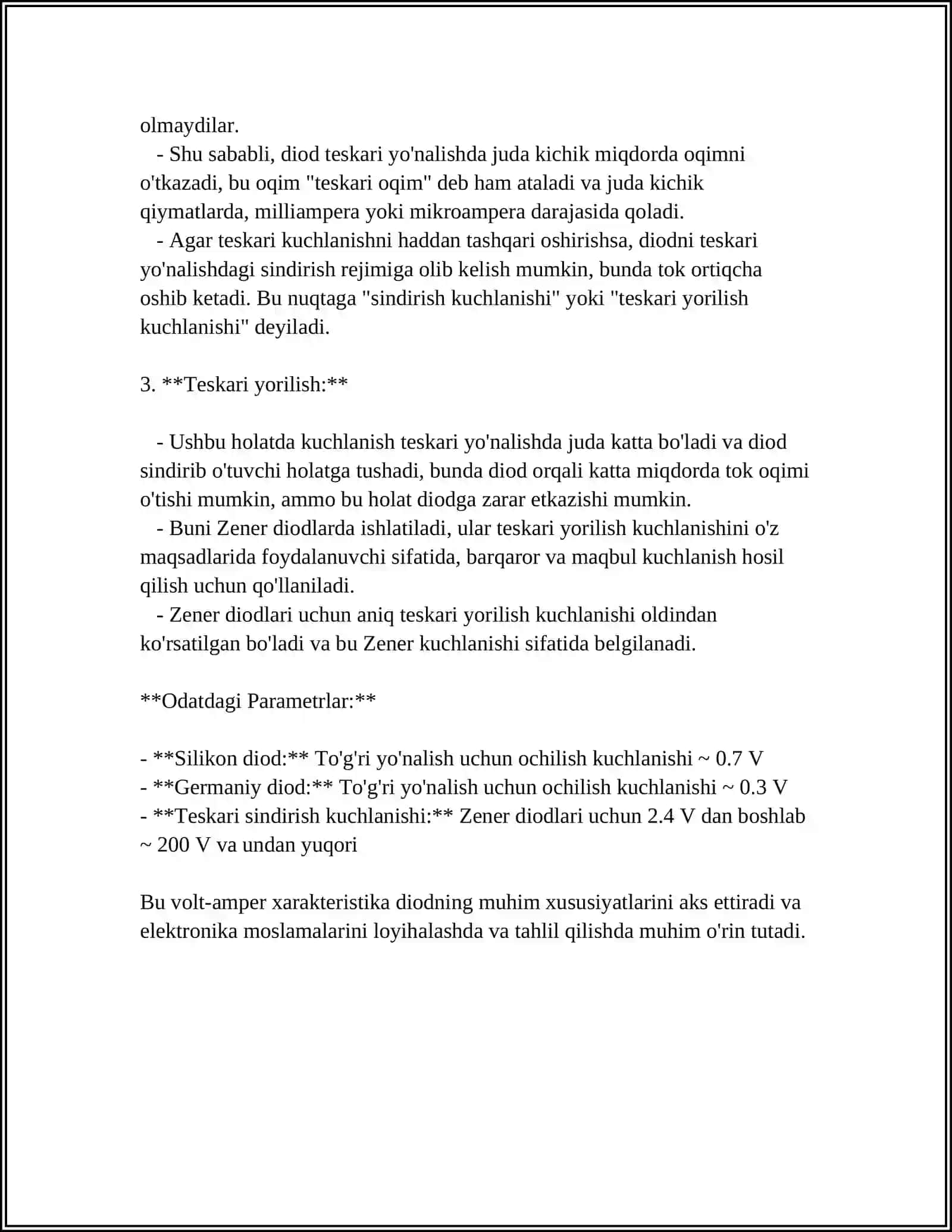 DIODLAR VOLT-AMPER XARAKTERISTIKALARI VA PARAMETRLARI, ULARNING TEMPERATURAGA BOG‘LIQLIGI 4