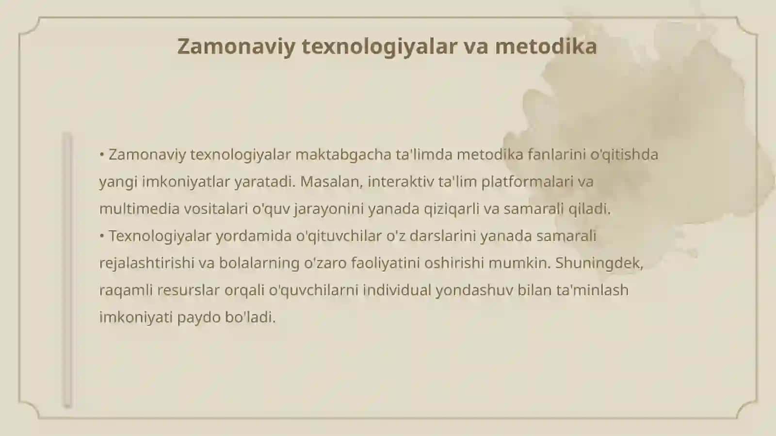 Maktabgacha ta'limda metodika fanlarini o`qitish texnalogiyasining asosiy tamoyillari 4