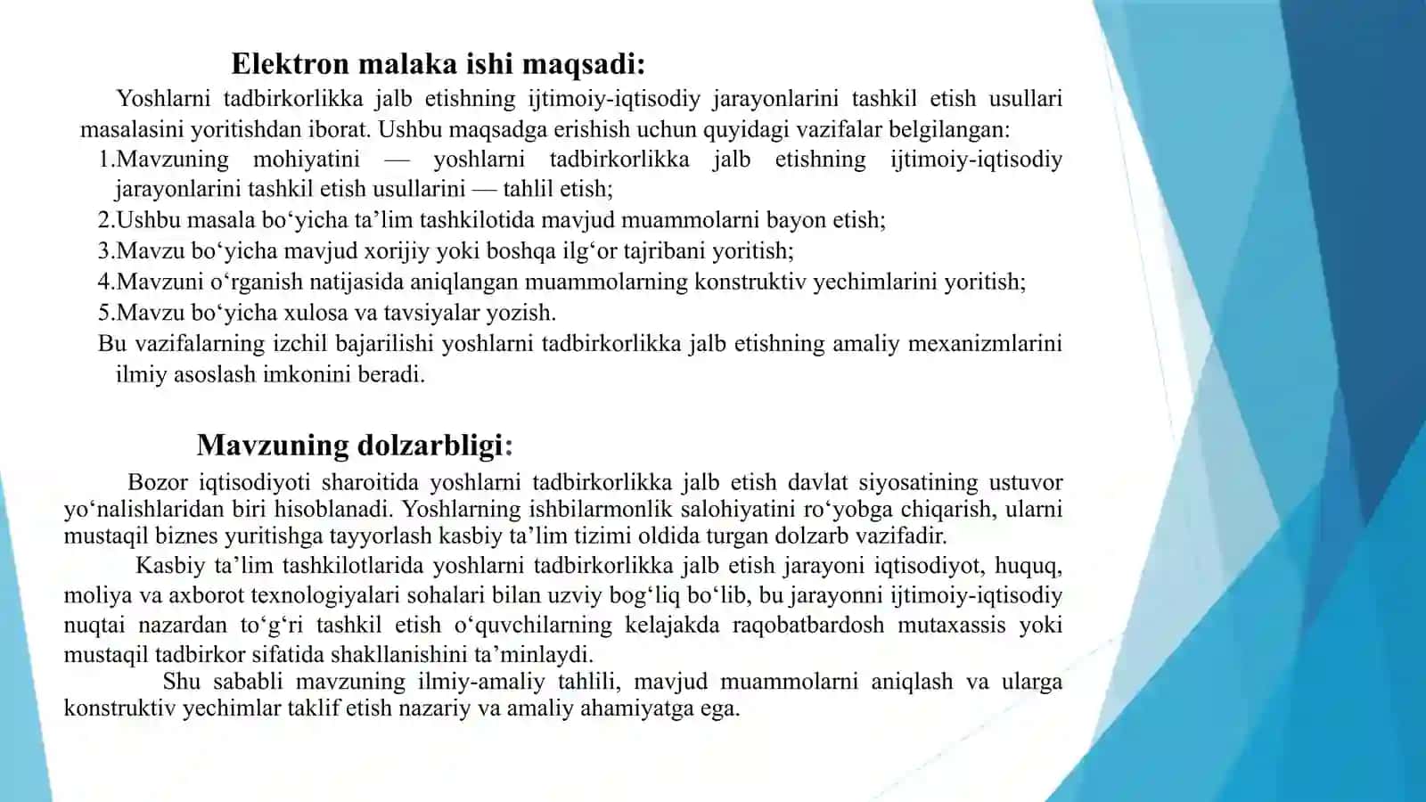 "Yoshlarni tadbirkorlikka jalb etishning ijtimoiy-iqtisodiy jarayonlarini tashkil etish usullari" elektron malaka ishi 4