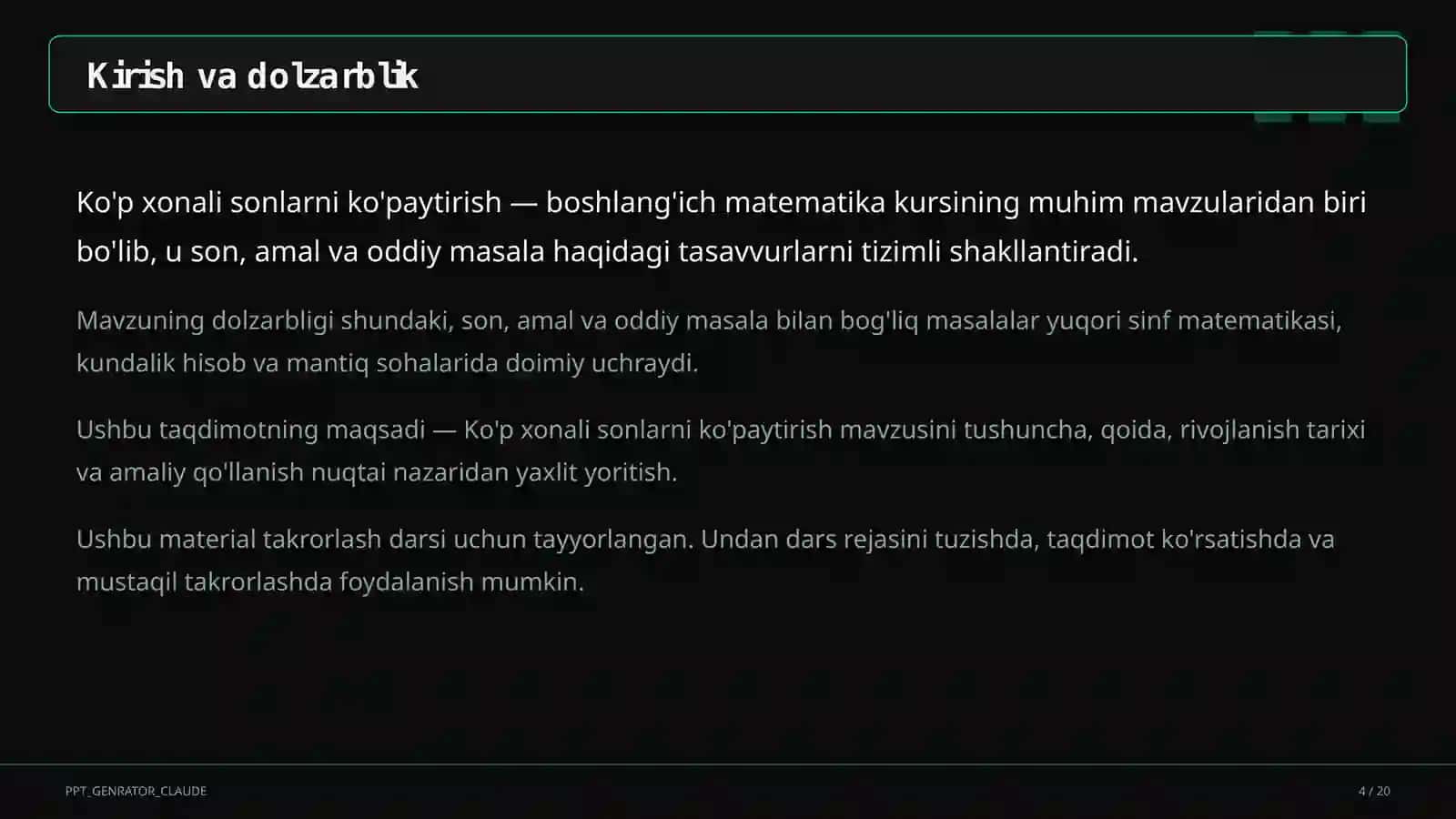 Ko'p xonali sonlarni ko'paytirish (4-sinf) 4