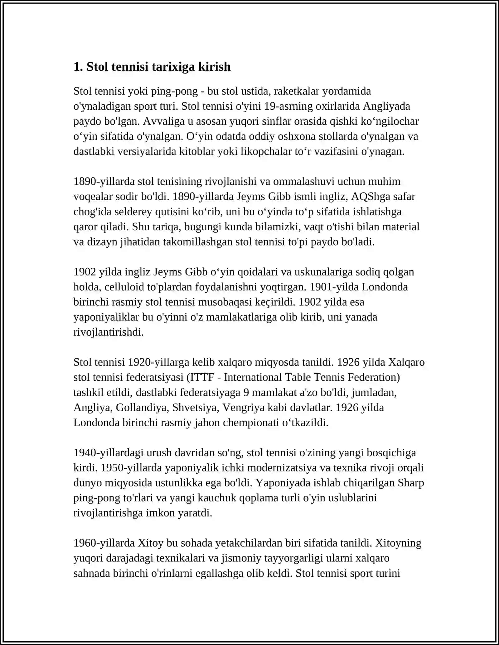 STOL TENNISINING PAYDO BÕLISHI VA RIVOJLANISHI TARIXI HAMDA RESPUBLIKAMIZGA KIRIB KELISHIGA TALABALAR BAJARISHI SHART BÕLGAN TOPSHIRIQLAR 4