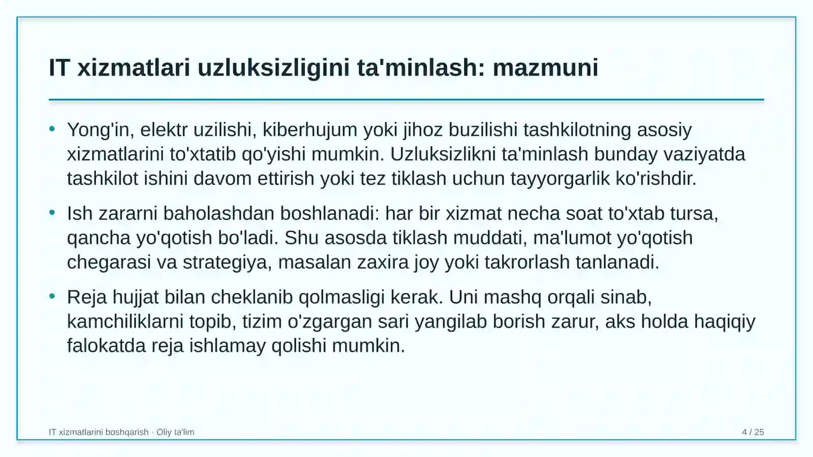 un yorma sanoatida axborot texnologiyalari xizmatlari uzluksizligini ta'minlash 9724 4