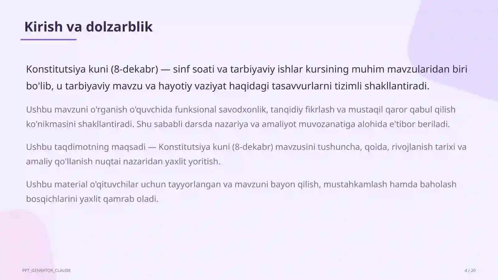 Sinf soati va tarbiyaviy tadbirlar (1–11) — o'qituvchilar uchun 4