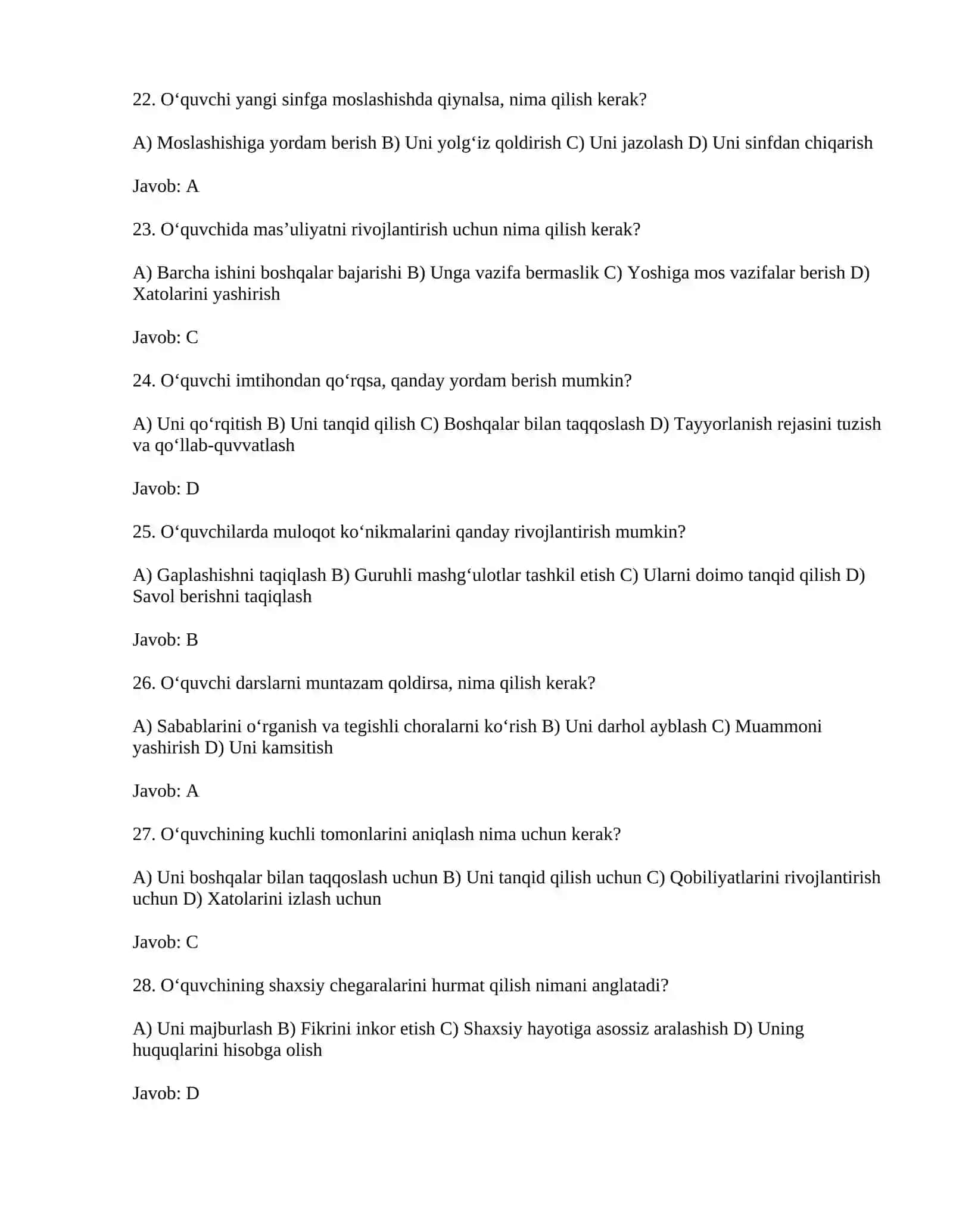 O‘quvchilar bilan ishlash va ularni qo‘llab-quvvatlash bo‘yicha 600 ta test savoli 4