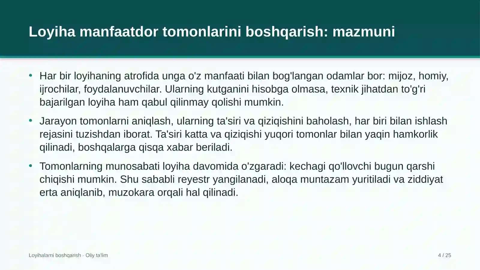 Loyihalarni boshqarish · Oliy ta'lim 4