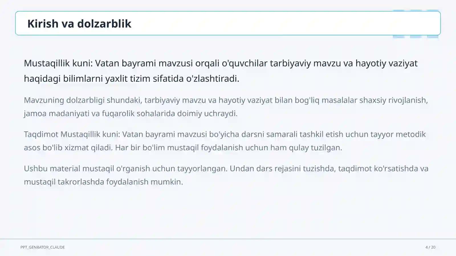 Sinf soati va tarbiyaviy tadbirlar (1–11) 4