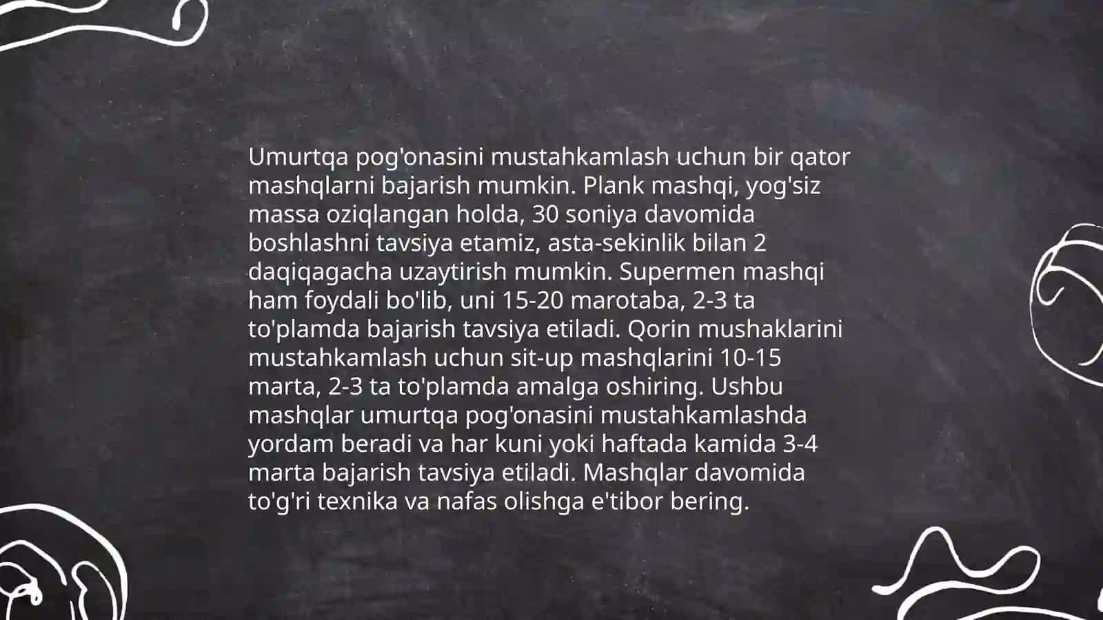 Jismoniy mashqlar yordamida qomadni togirlashning asosiy usullari 4