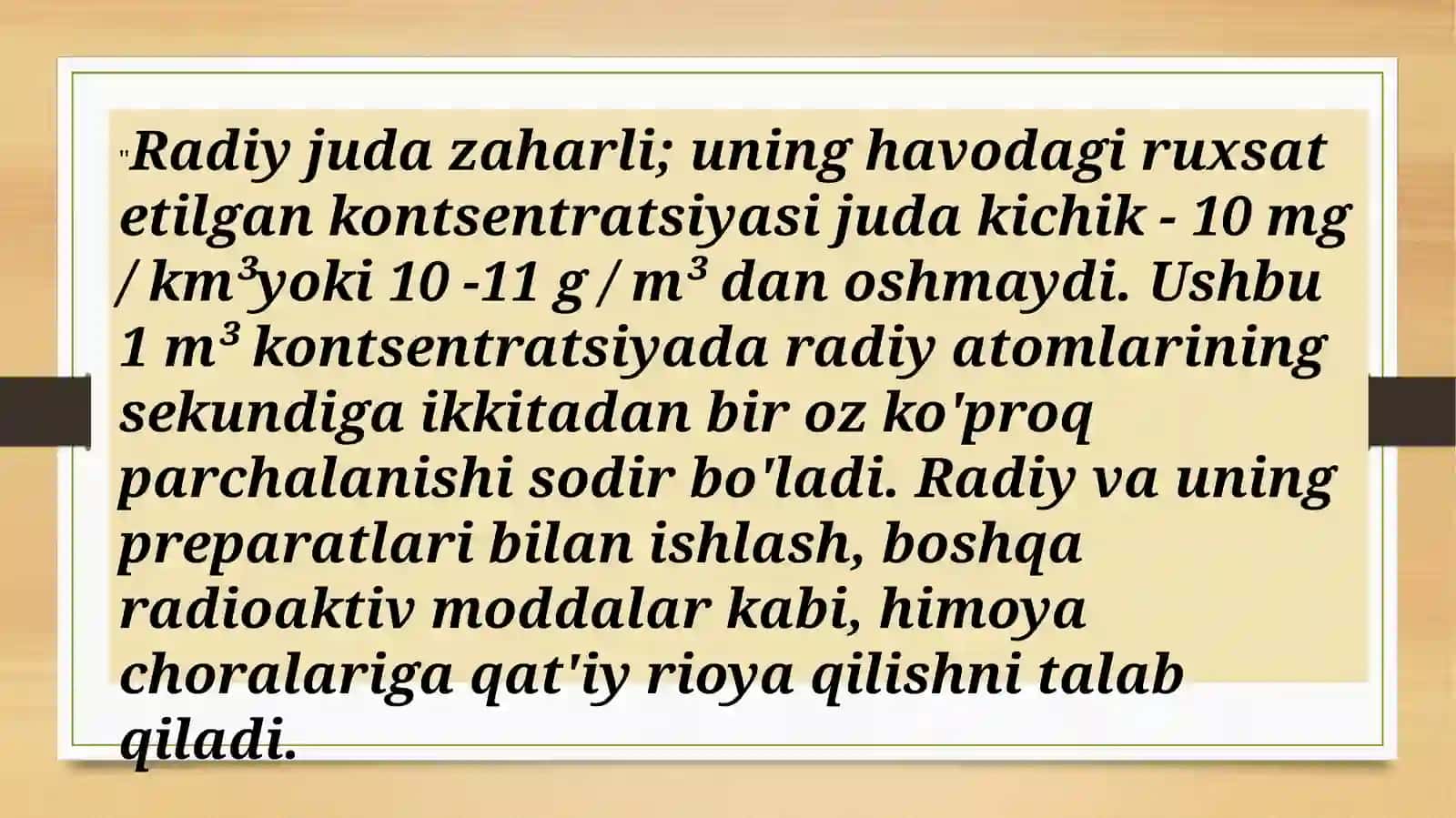 M.Kuriyning kimyoviy kashfiyoti Radiy birikmalarining xossalari 4