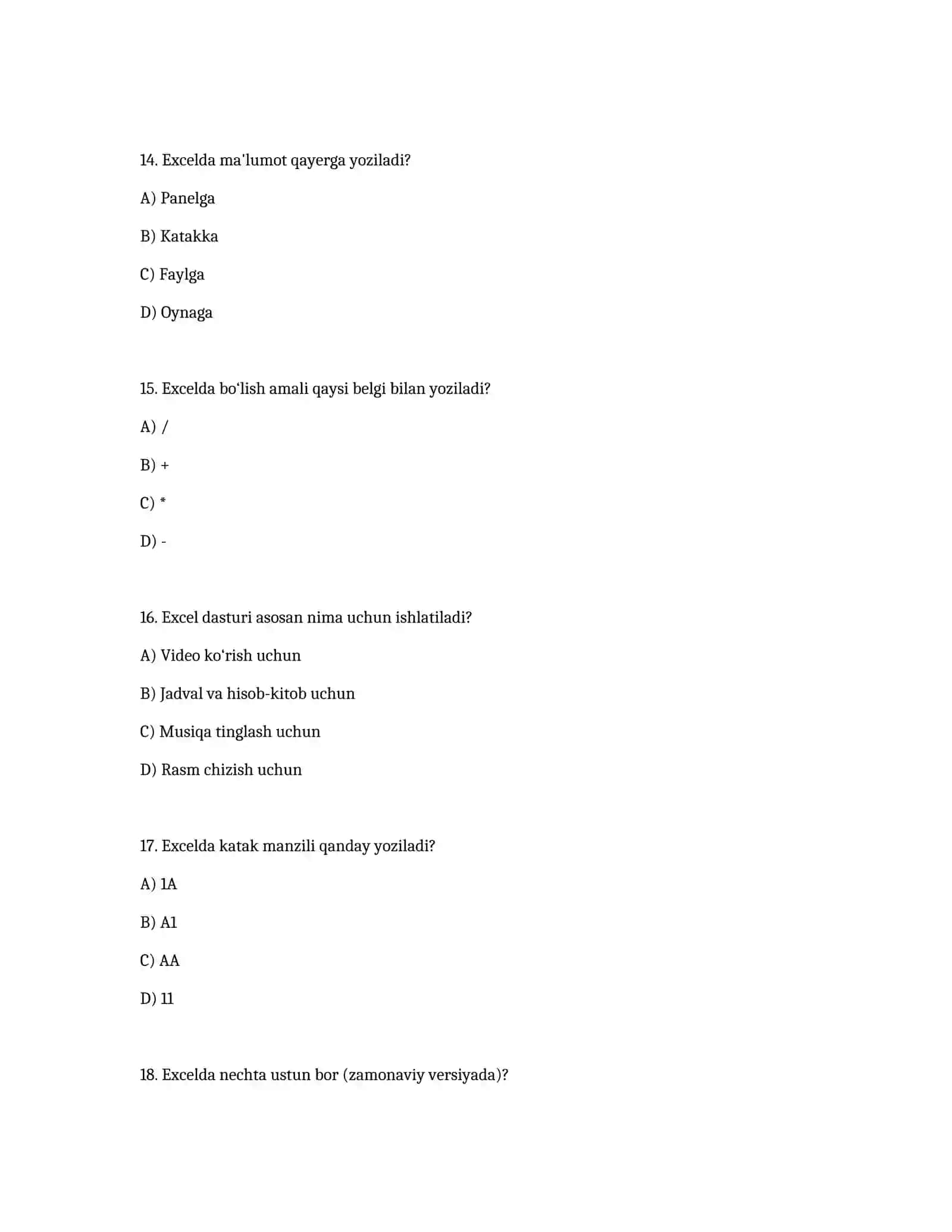 Excel fanidan test (20 ta savol) 4