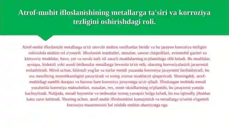 Metallarning korroziyalanishiga ta'sir etuvchi kimyoviy jarayonlar va mexanizmlar 4
