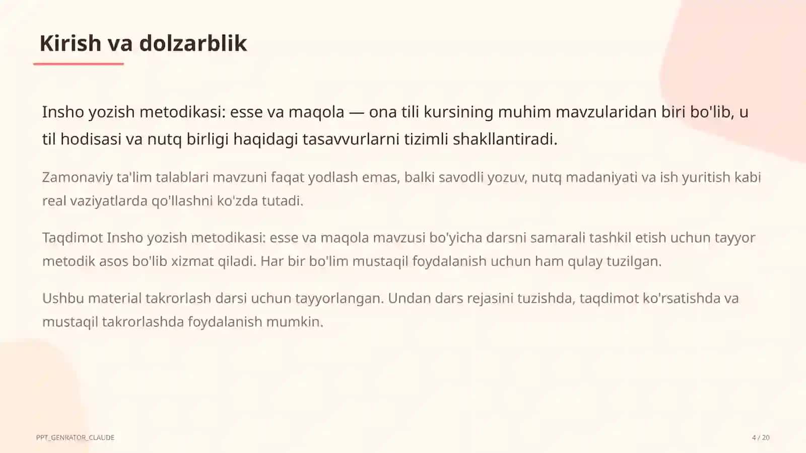 Insho yozish metodikasi: esse va maqola (11-sinf) 4