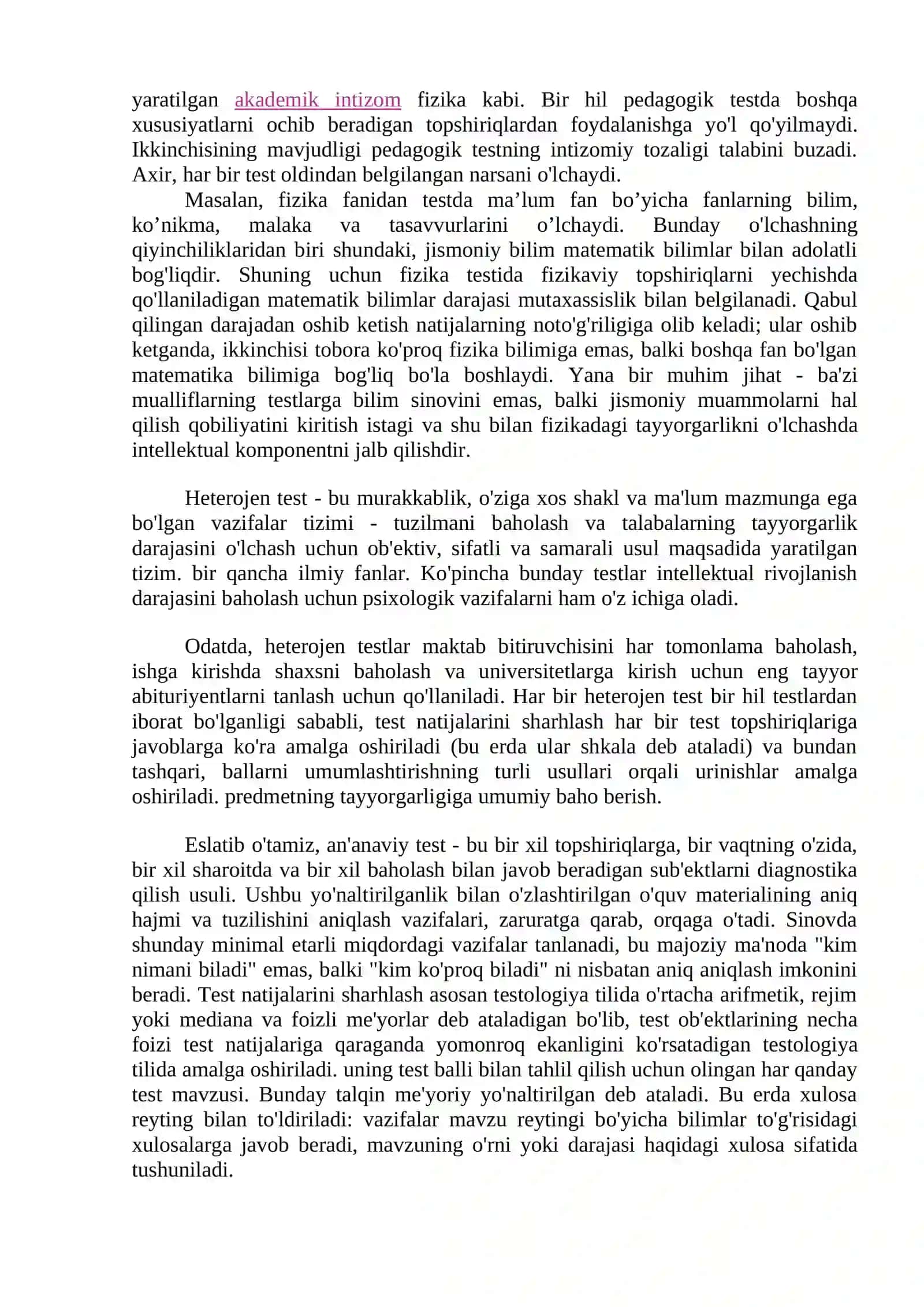 1.	Pedagogik testlar, ularning turlari va maqsadi. 2.	Pedagogik test mazmuni Test topshiriqlari shakllari 4