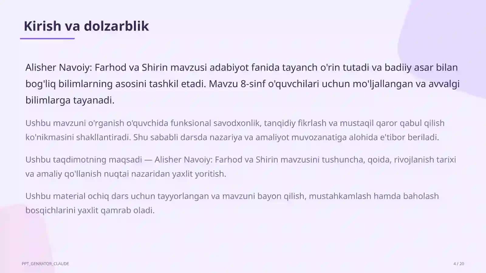 Alisher Navoiy: Farhod va Shirin (8-sinf) 4