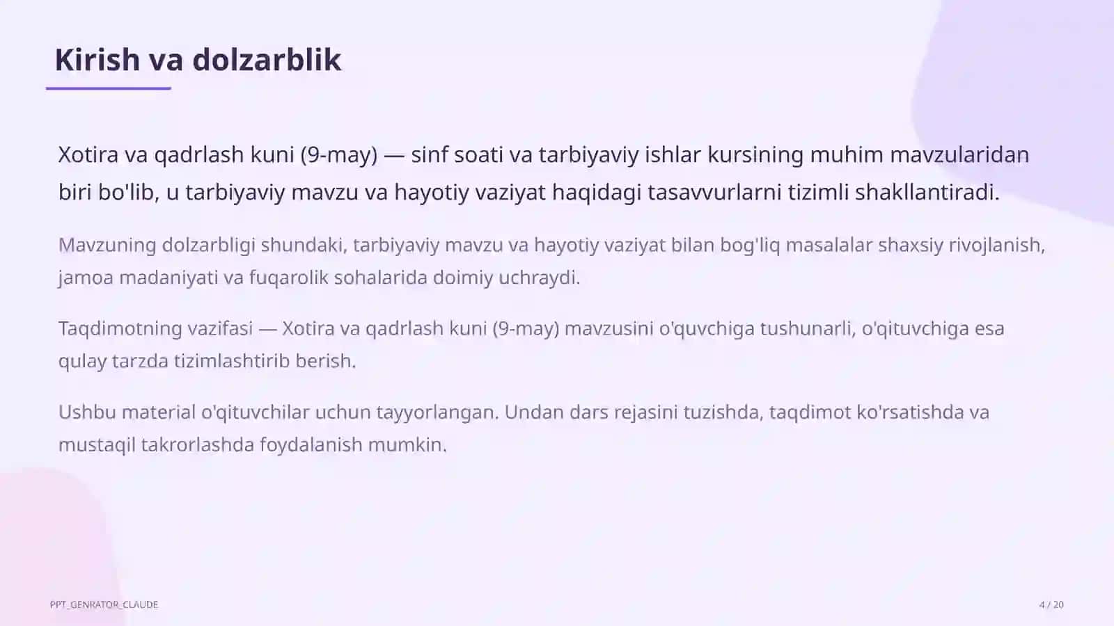 Sinf soati va tarbiyaviy tadbirlar (1-11) -- o'qituvchilar uchun 4