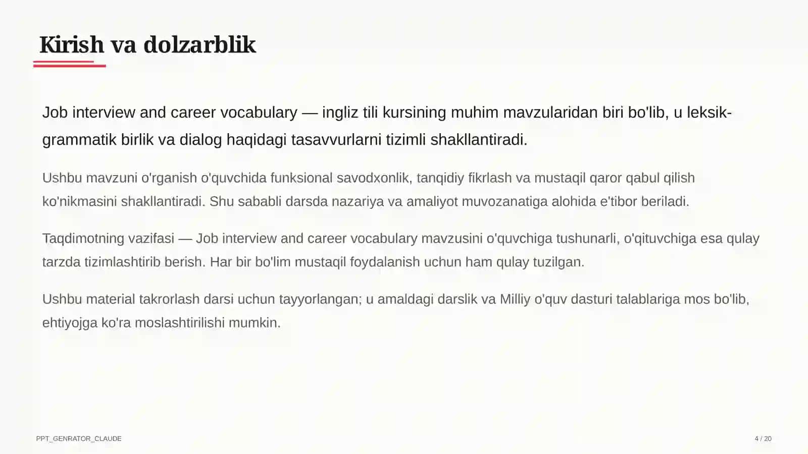 Job interview and career vocabulary (11-sinf) 4