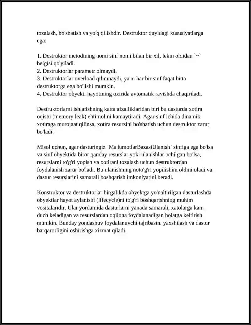 KONSTRUKTOR JÁRDEMINDE XIZMETKER MAǴLIWMATLARIN SAQLAW HÁM DESTRUKTOR JÁRDEMINDE OLARDI TAZALAW PROGRAMMASIN DÚZIŃ 4