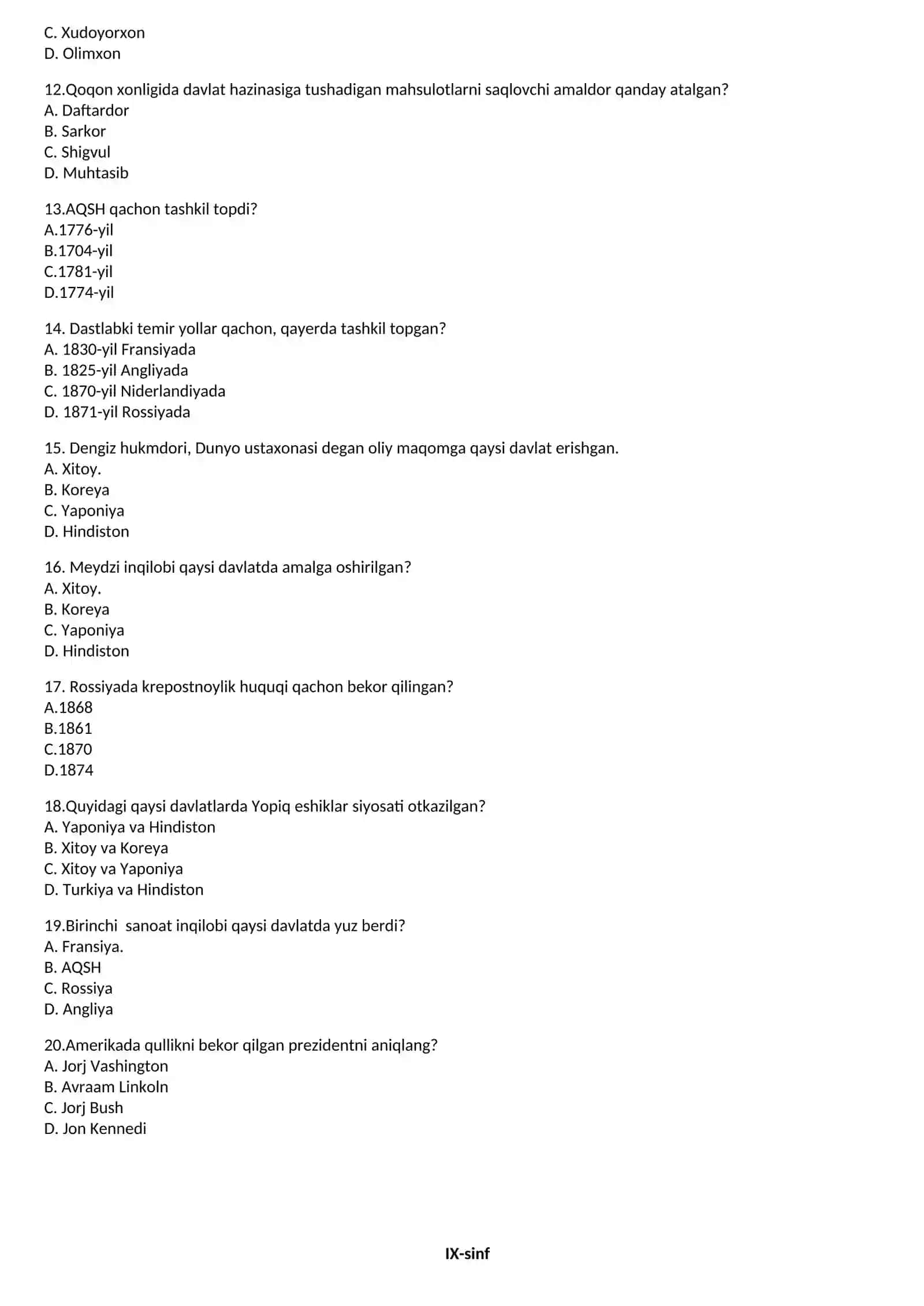 7-9-sinflar uchun tarix fanidan TEST SAVOLLARI 4