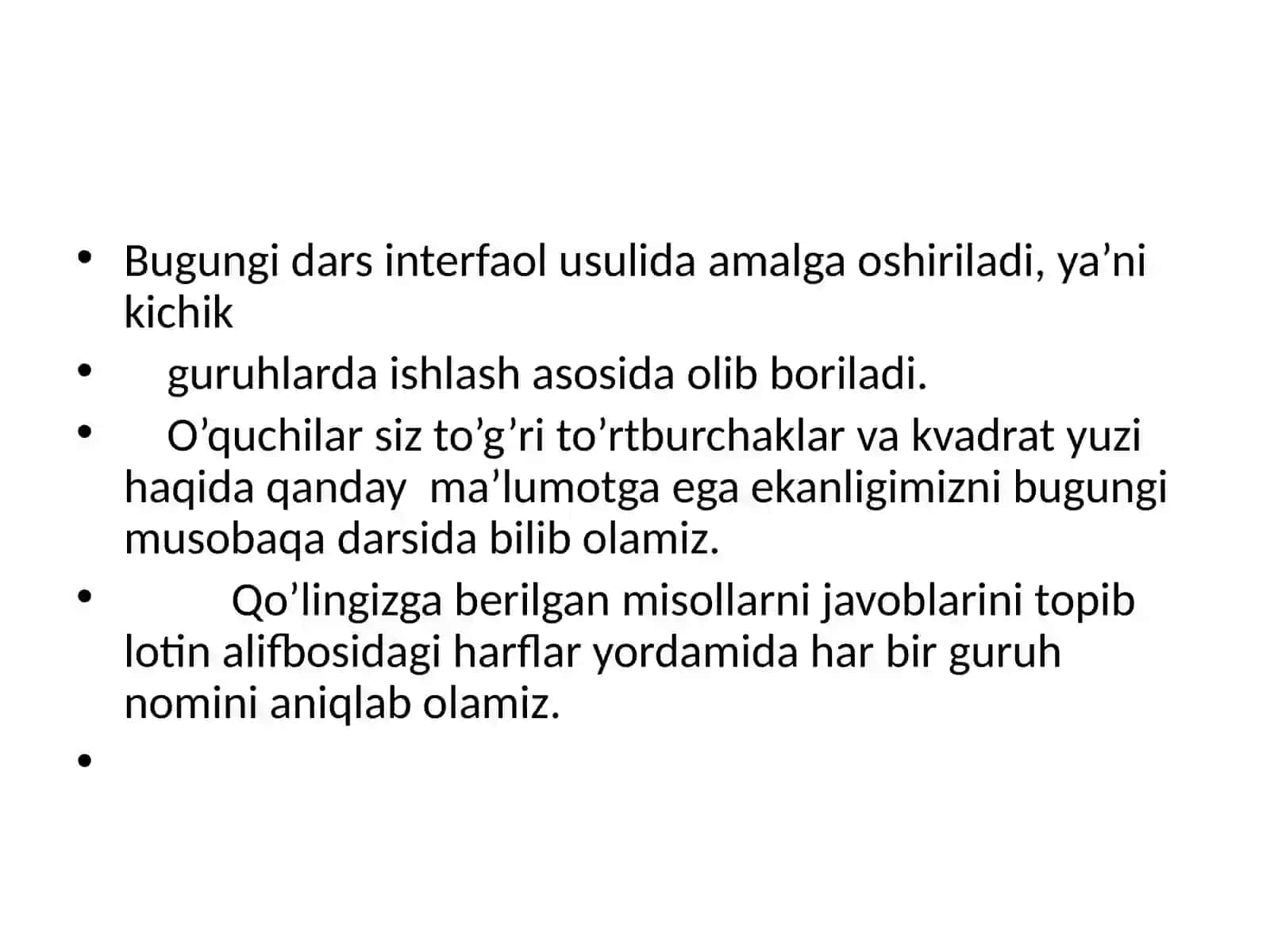 TO’G’RI TO’RTBURCHAK VA KVADRAT YUZINI HISOBLASHGA DOIR MASALAR YECHISH 4