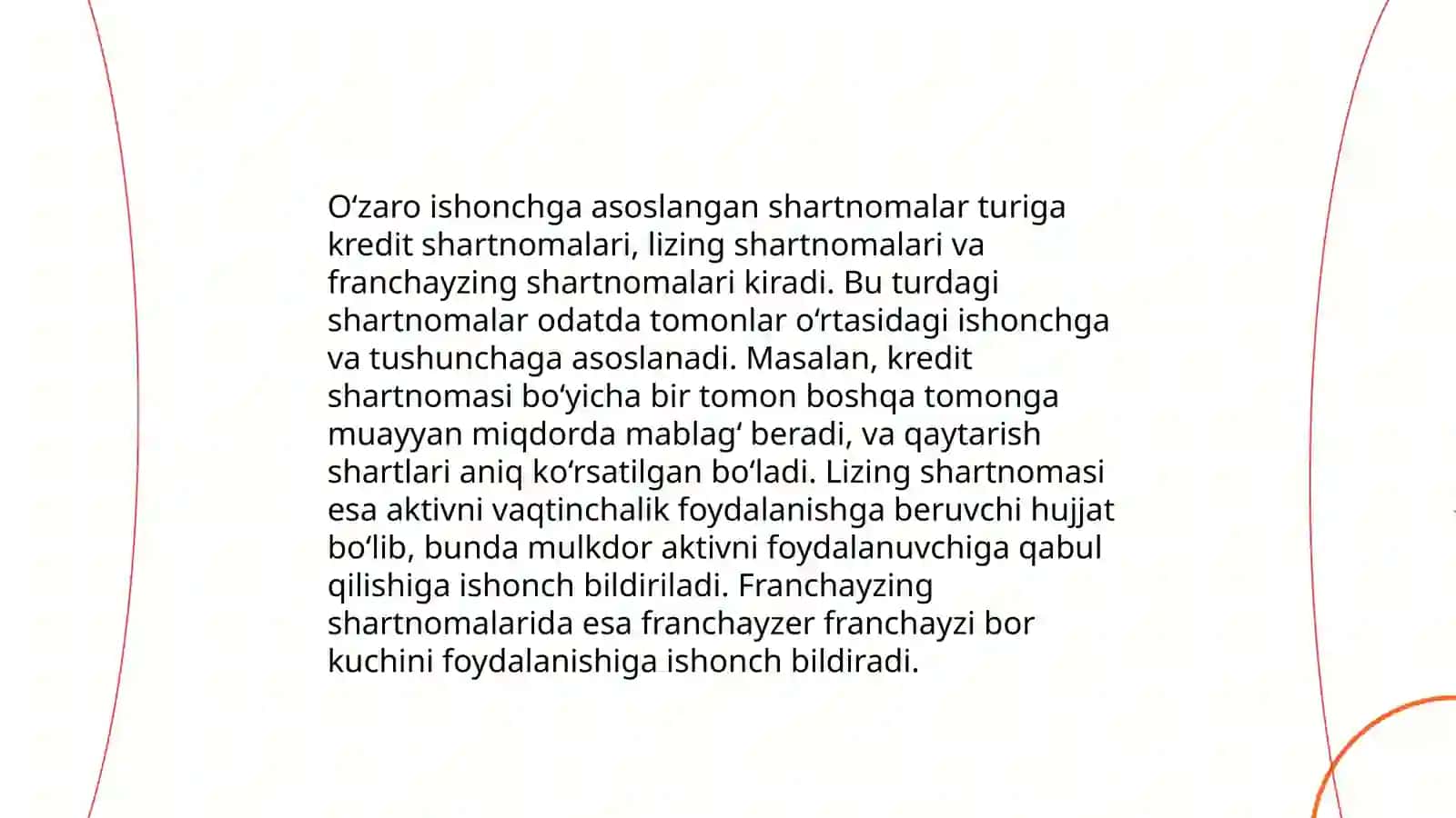 O‘zaro ishonchga asoslangan shartnomalar va ularning turlarini tahlil qiling 4
