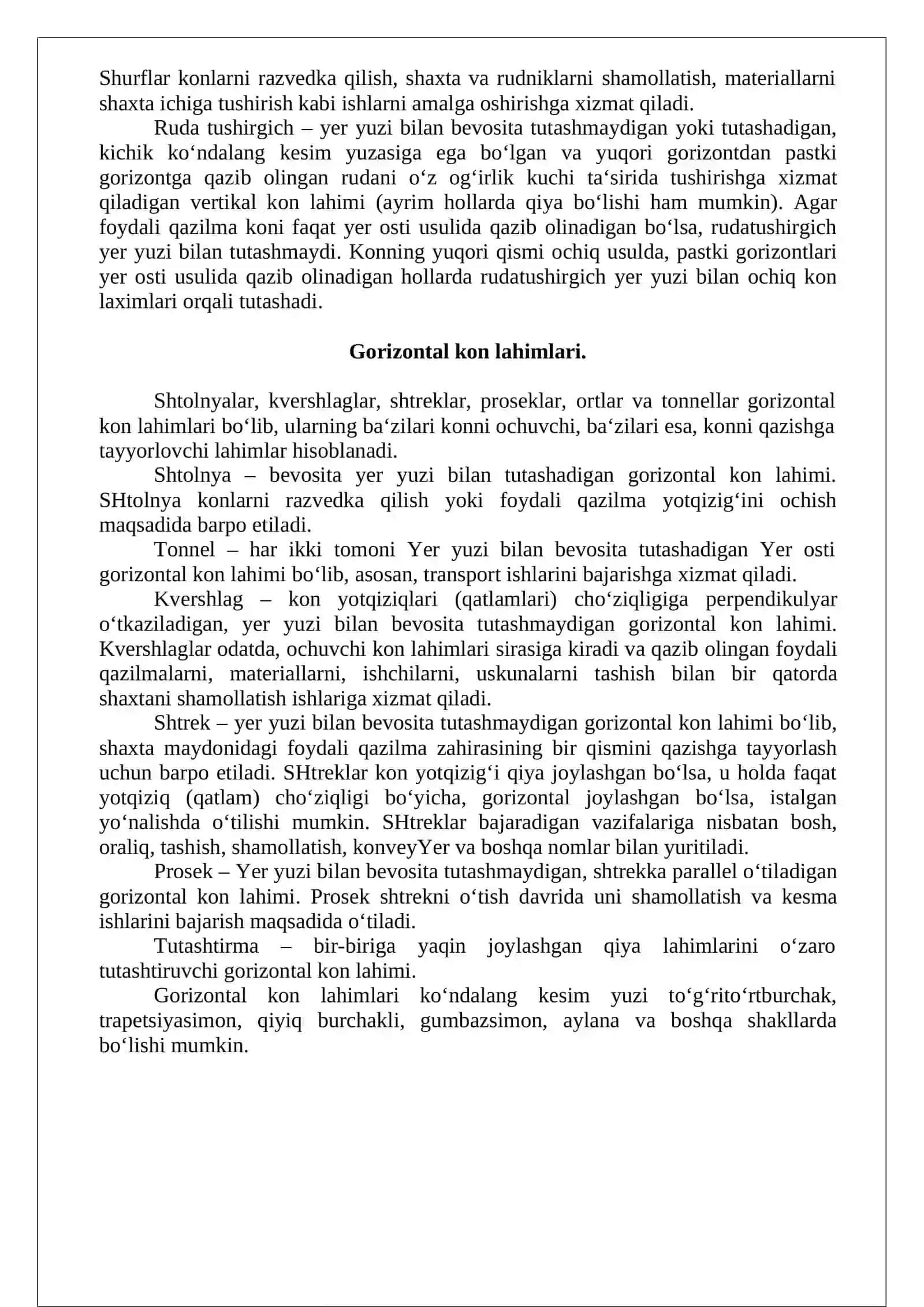 Noruda foydali qazilmalarni yer osti usulida qazib olishda kon lahimlari, ularning ko‘rinishlari, shakllari va ularni hosil qilish usullari 4