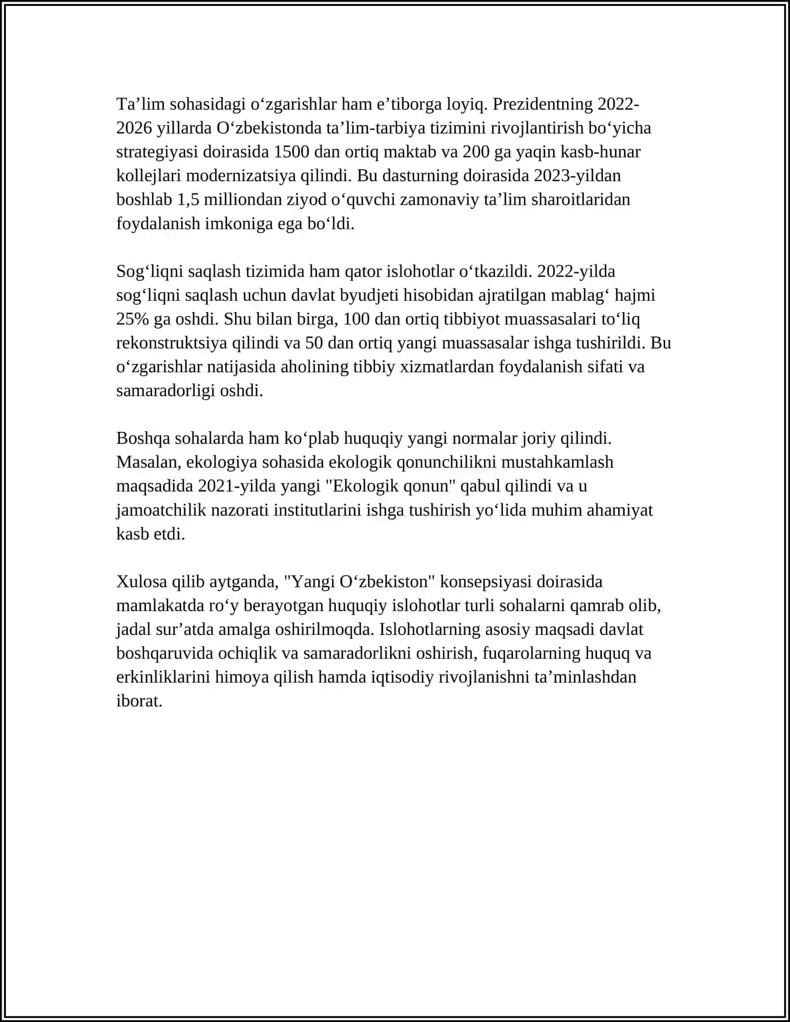 MUSTAQIL ISH Mavzu: YANGI O‘ZBEKISTONDA INSON HAQ-HUQUQLARI VA ERKINLIKLARI KAFOLATINING YARATILISHI 4