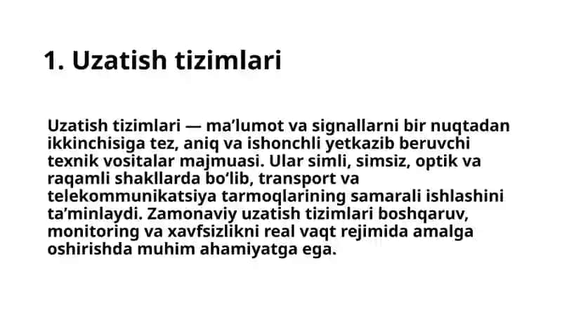 Uzatish tizimlari, transport tarmoqlari, transport tarmoqlarini qurishning zamonaviy tushunchalari. Transport telekommunikatsiya tarmogʻi-maqsadi, tarkibi, uzatish tizimlari, modellari, elementlari. Transport tarmoqlarini qurishning zamonaviy tushunchasi. 4