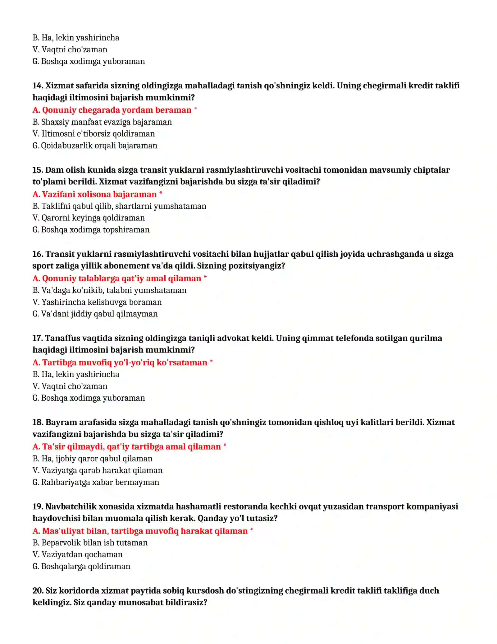 BOJXONA AKADEMIYASI - TEST SAVOLLARI (№6) 4