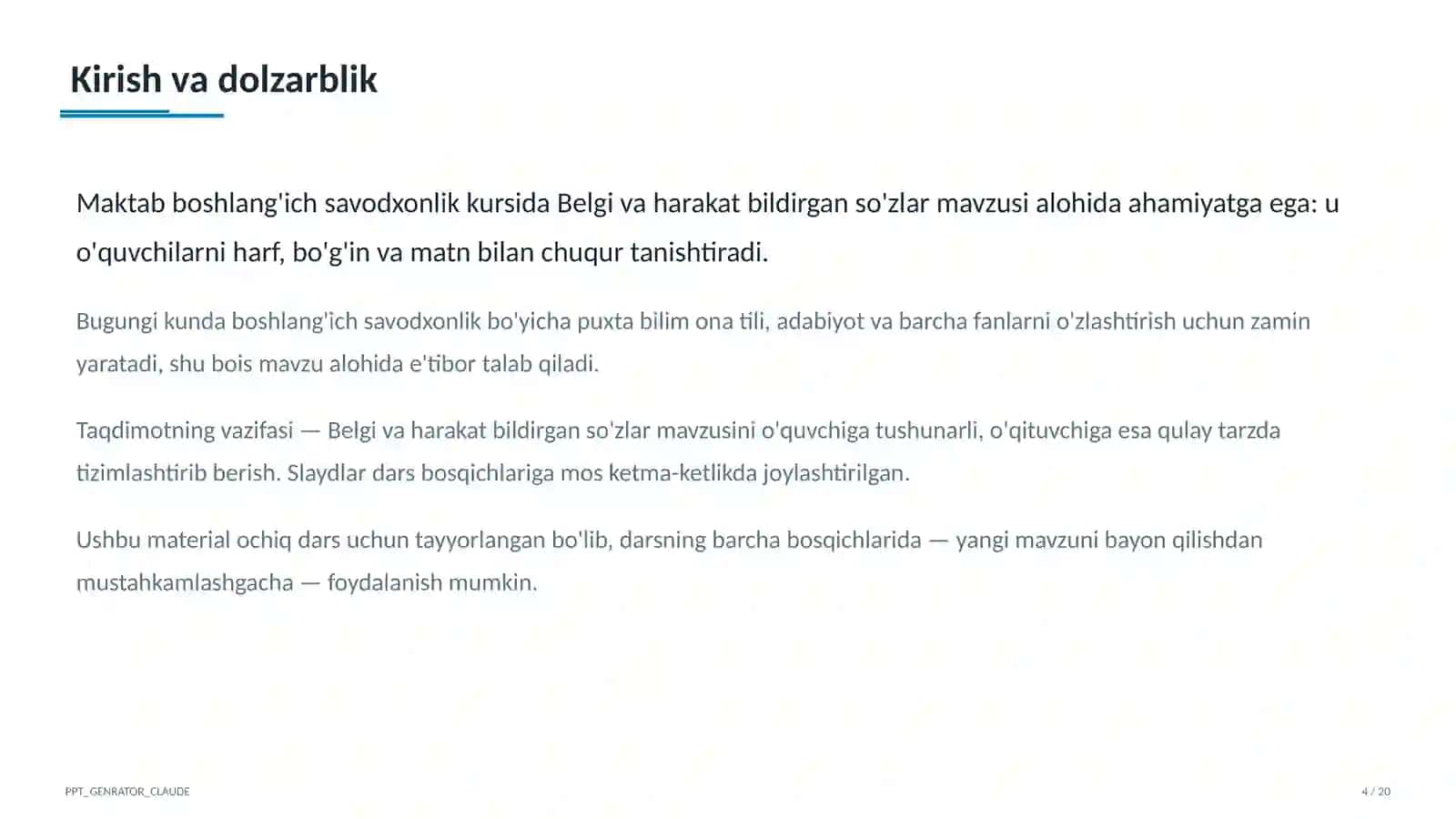 Belgi va harakat bildirgan so'zlar (2-sinf) 4