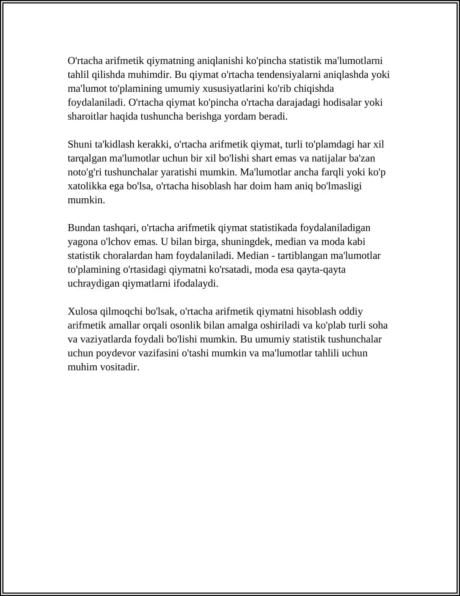 O'RTACHA ARIFMETIK QIYMAT VA UNING XOSSALARI STANDART OGʻISH UNING AHAMIYATI 4