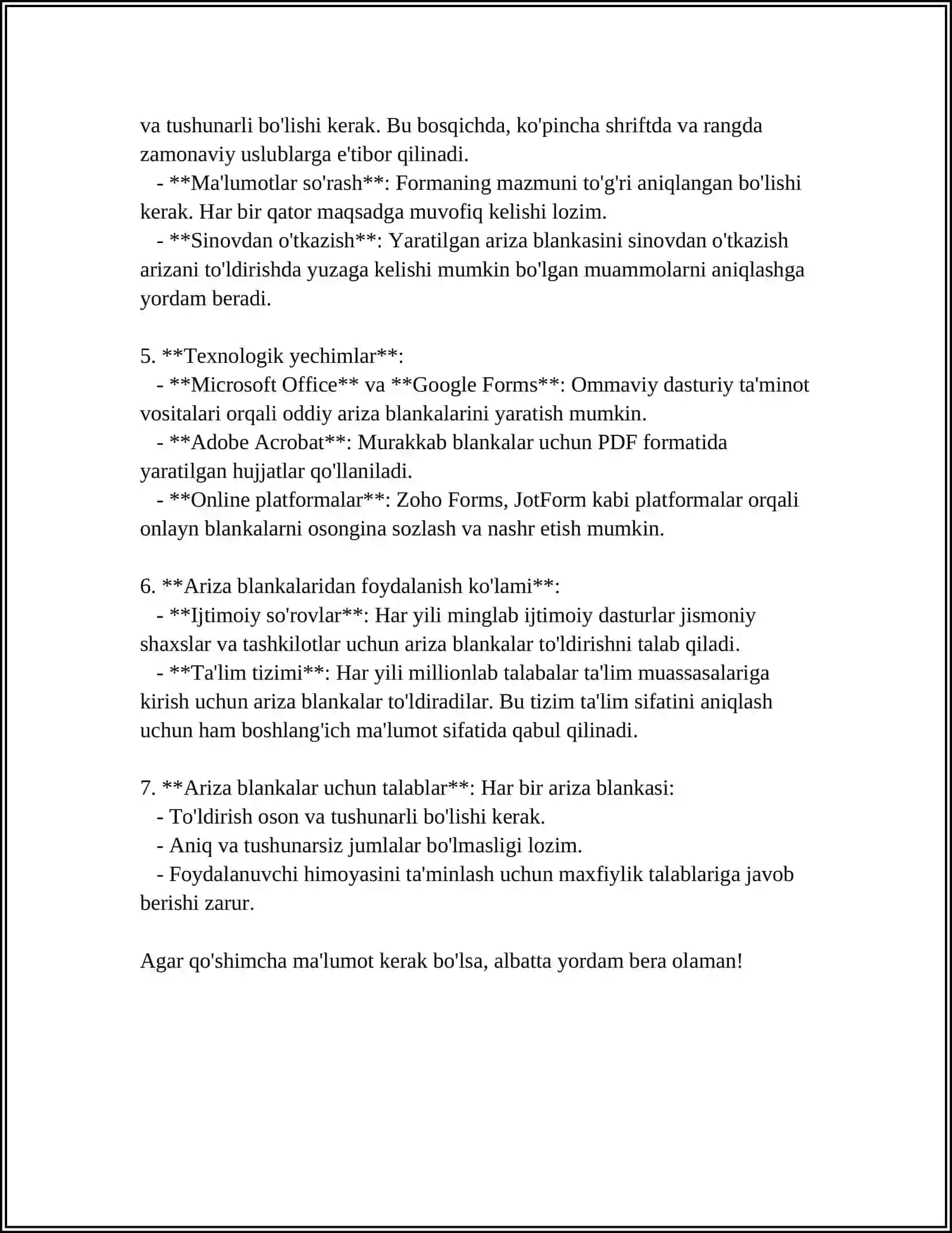 WORD MATN TAXRIRLAGICHIDA TURLI XIL BLANKALAR YARATISH(ARIZA,KASALLIK KARTASI,ANALIZLAR BLANKASI VA H.K.) 4