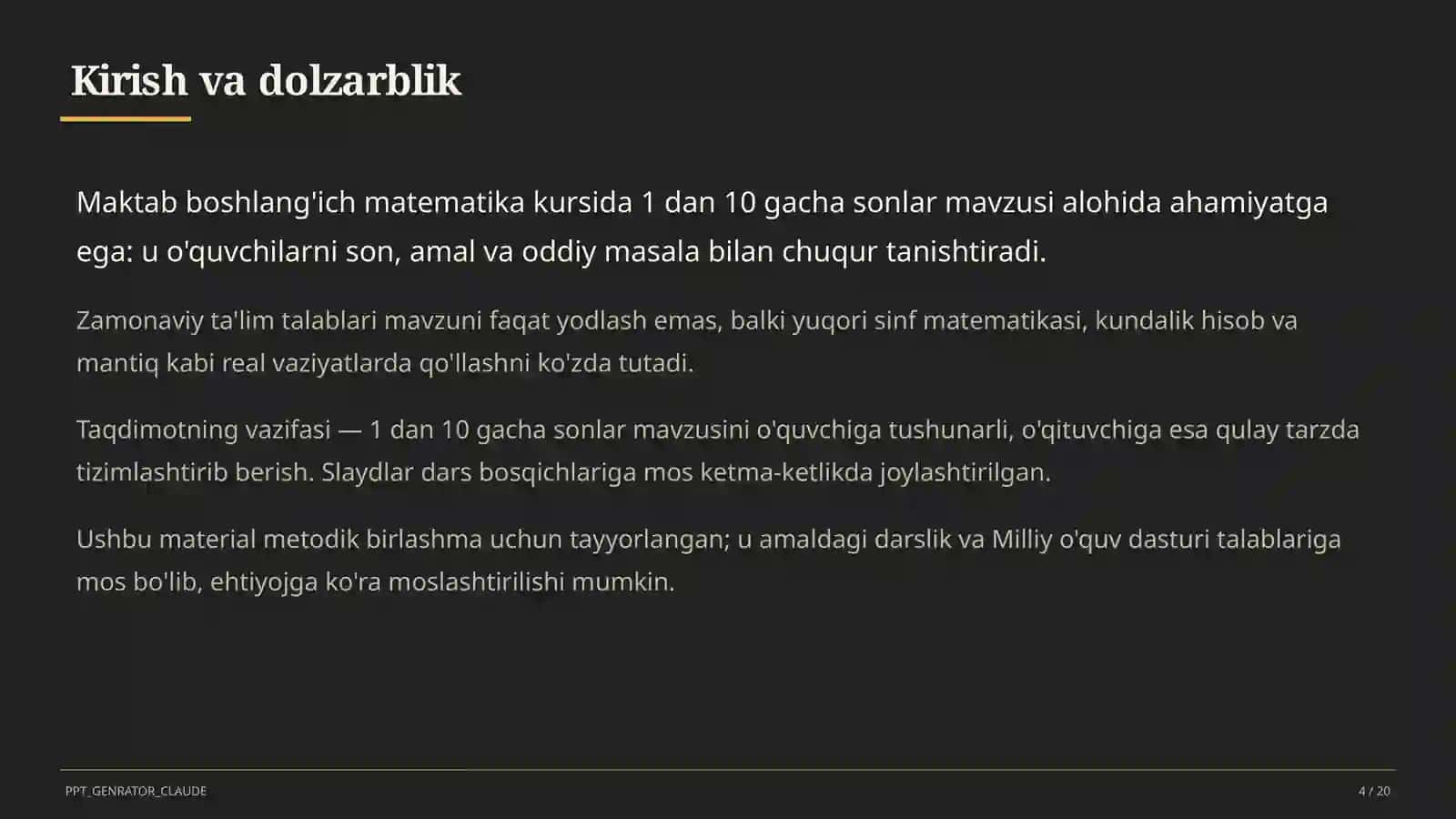 Boshlang'ich sinf: Matematika (1–4) — metodik birlashma uchun 4