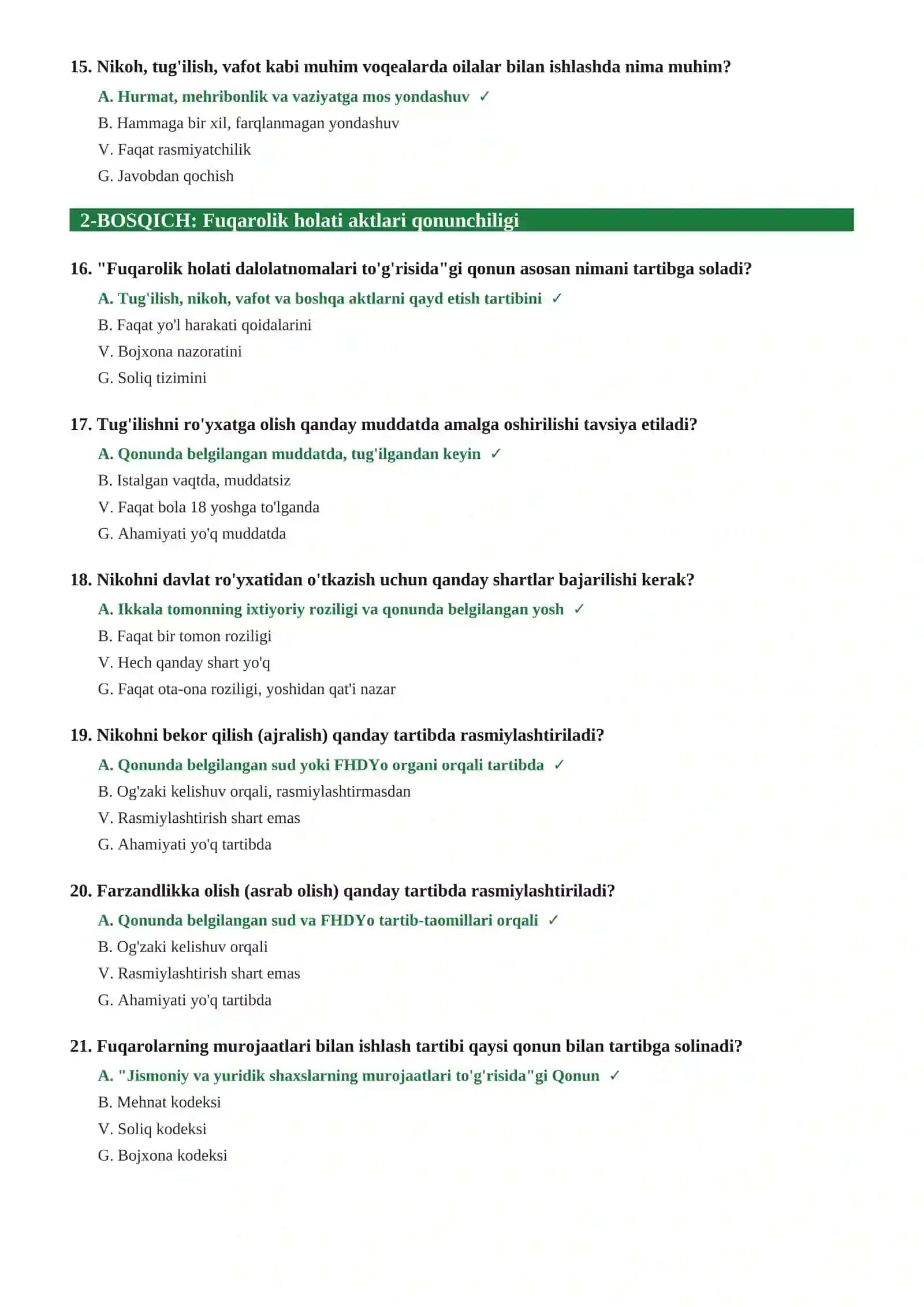 FHDYo (FUQAROLIK HOLATI DALOLATNOMALARI) XODIMI TEST SAVOLLARI 90 ta savol va javoblar 4