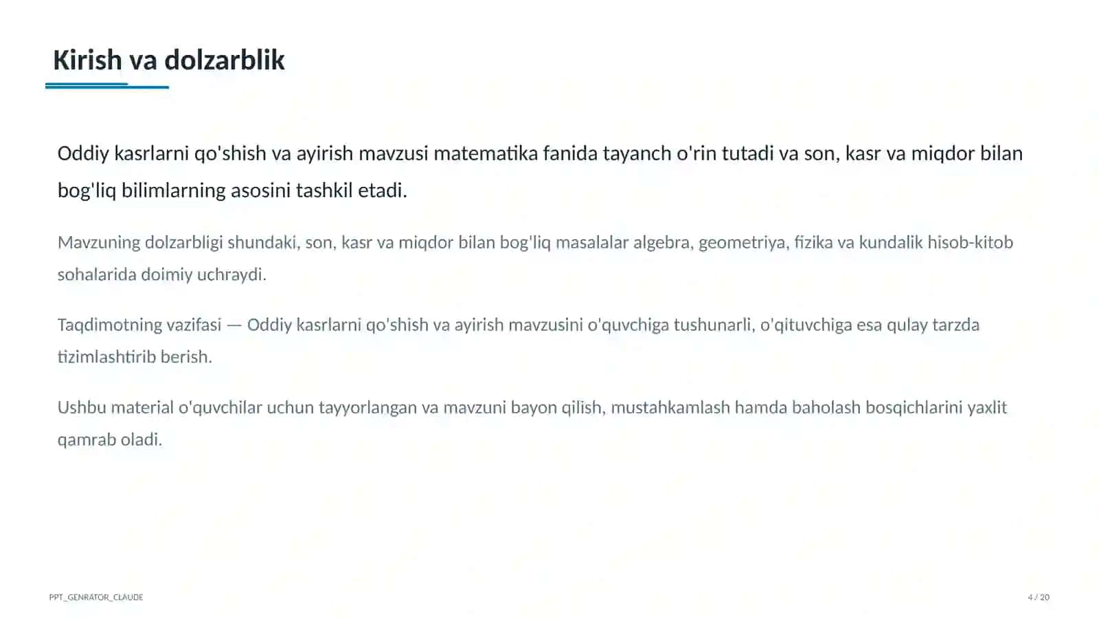 Oddiy kasrlarni qo'shish va ayirish (5-sinf) 4