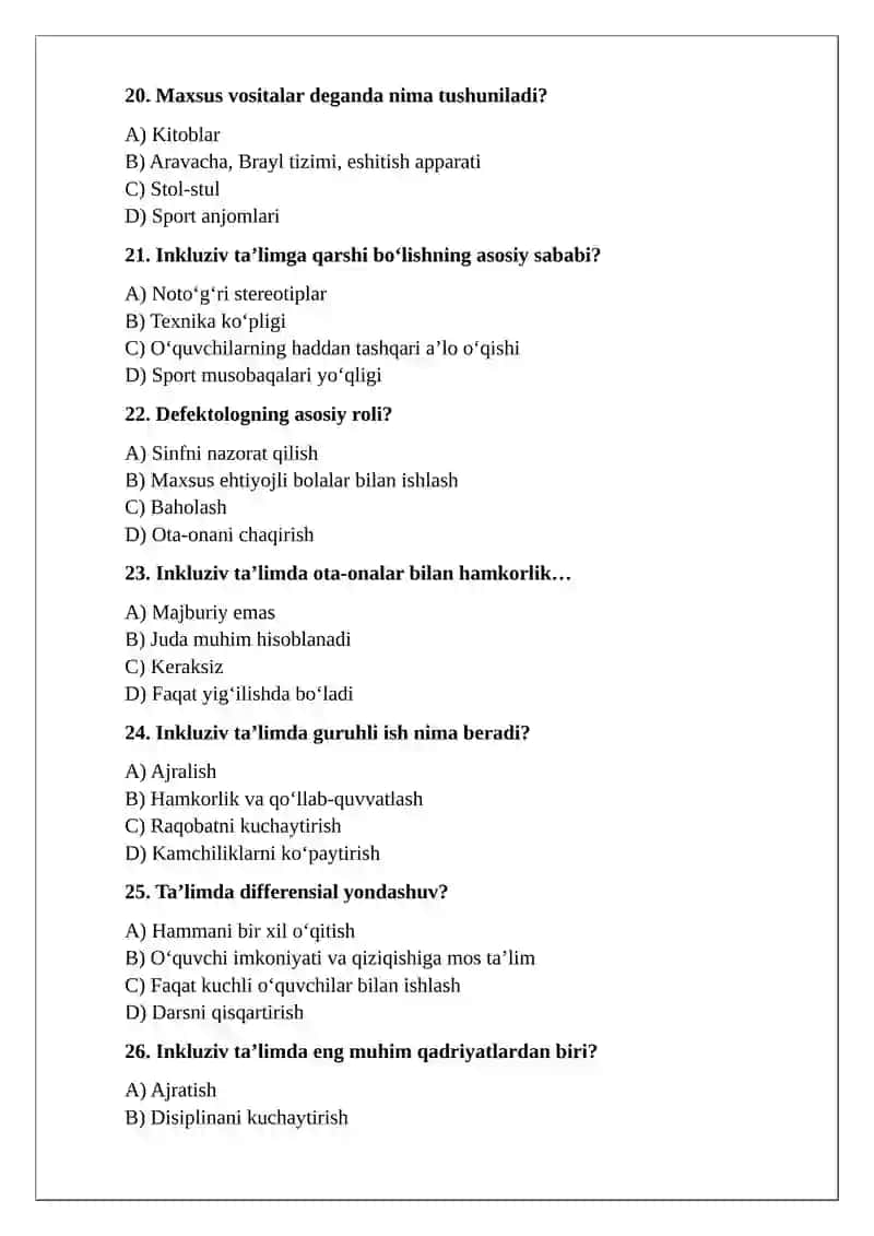 Inkluziv Ta’lim Testlar 4