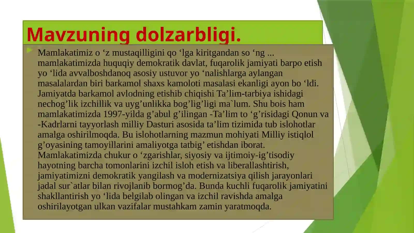 SHAXS TARBIYASIDA AMIR TEMUR O’GITLARIDAN FOYDALANISH KURS ISHI TAQDIMOTI 4