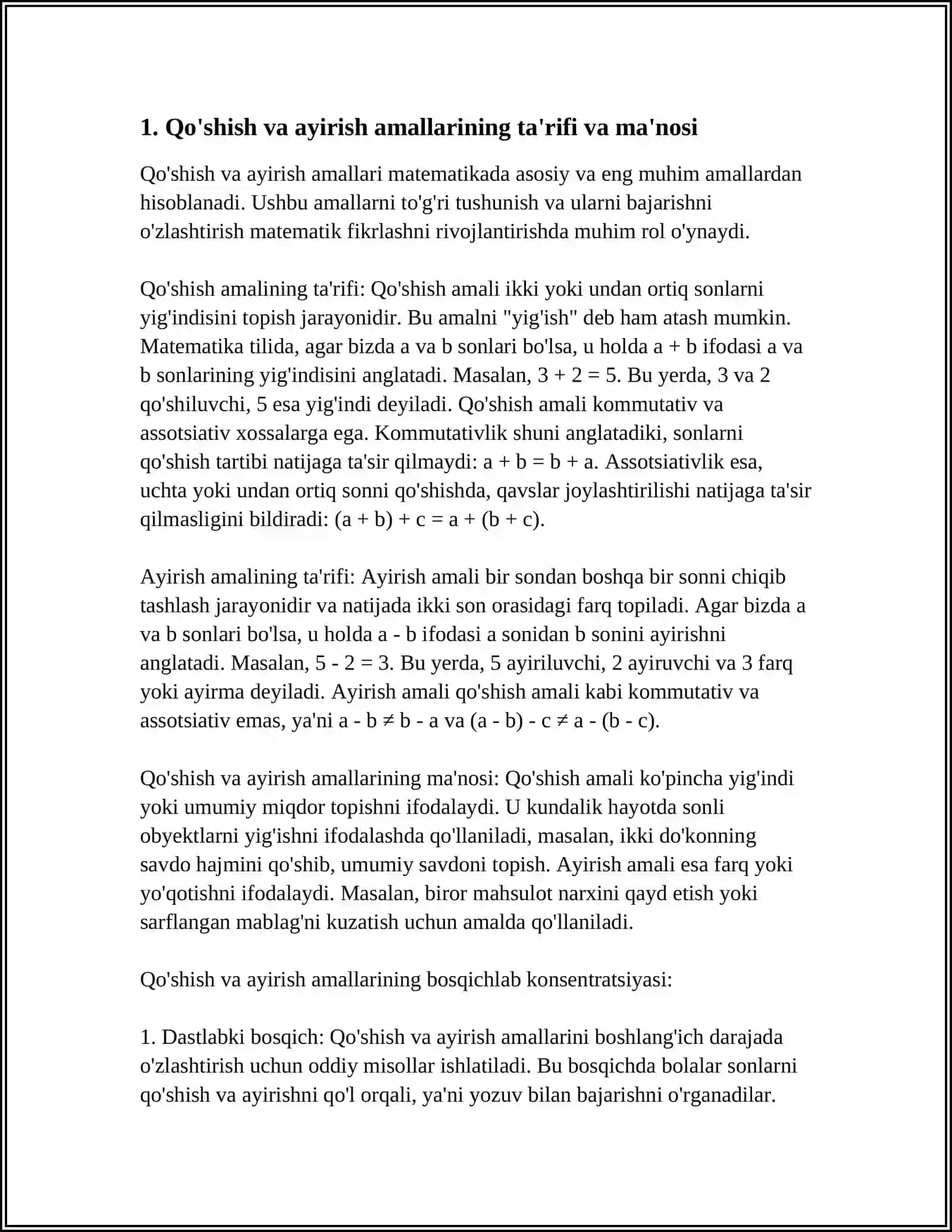 QOSHISH VA AYIRISH AMALI MANOSINI OCHIB BERISH HAMDA UNI BOSQICHLAB KONSENTRLARDA BAJARILISHINI ORGATISH 4